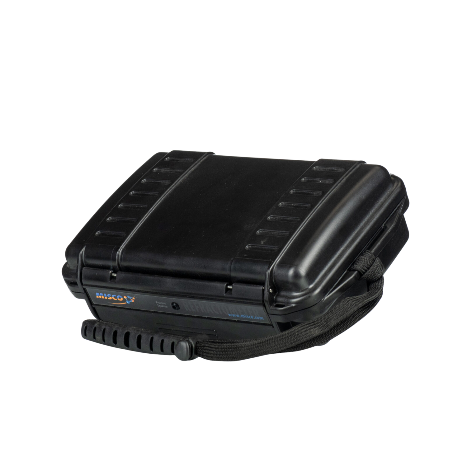 Black hard-shell carrying case with handle and shoulder strap on a white background