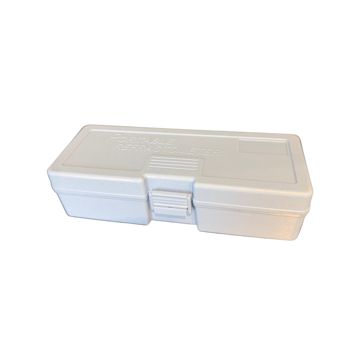 A white plastic storage box with a hinged lid, placed on a white background