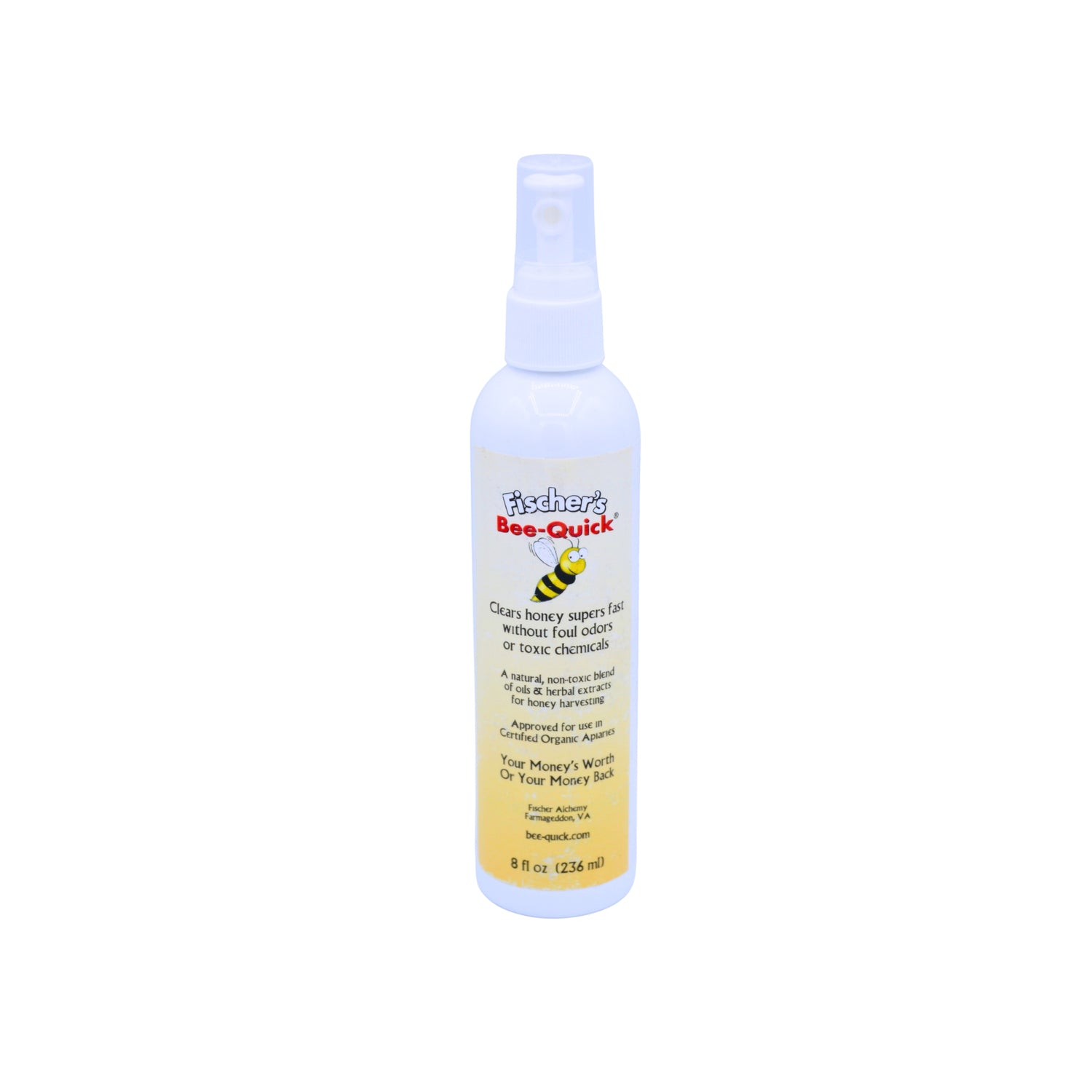 A white pump bottle of Bee-Quick with a yellow gradient label, set against a white background.