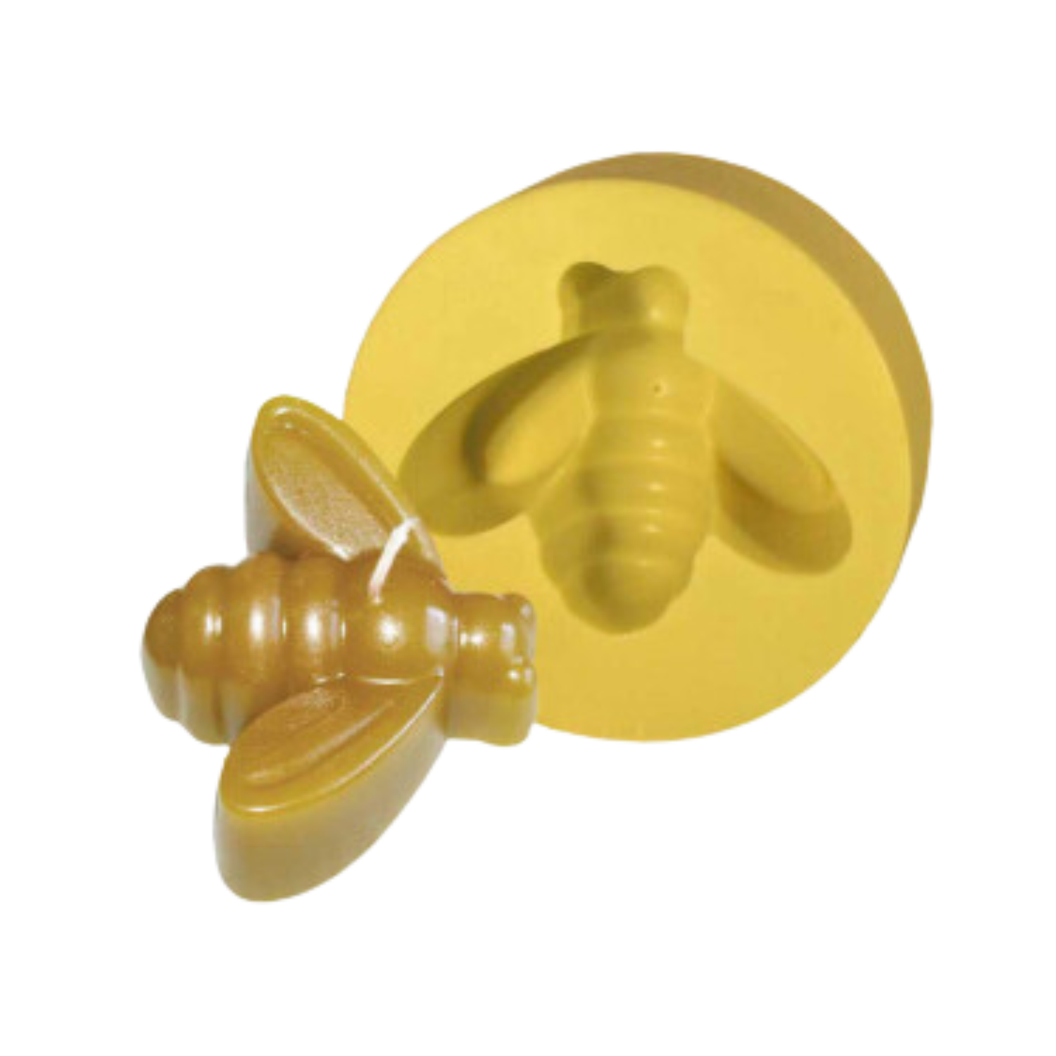A yellow candle mold with an imprint in the shape of a bee, next to its produced candle on a white background