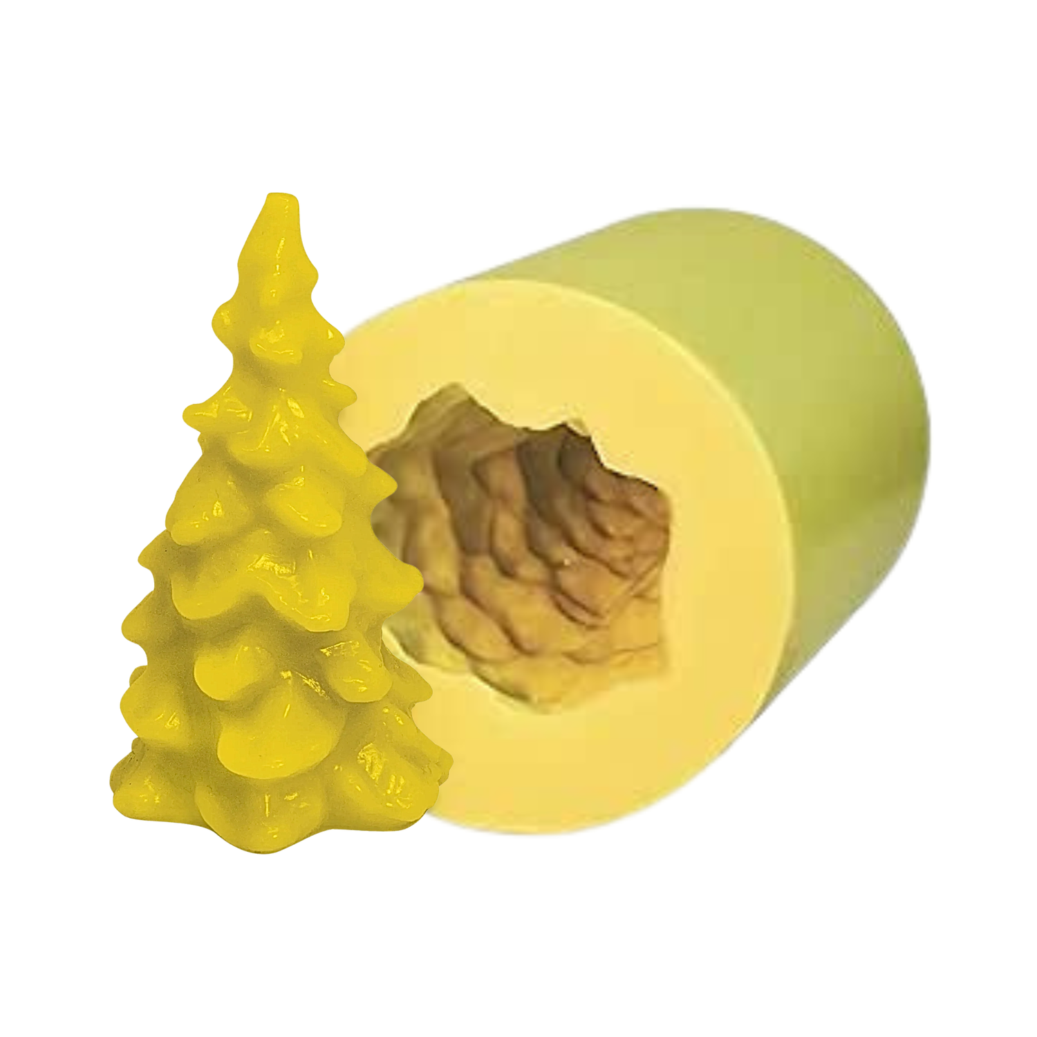 Small, yellow wax Christmas tree on a white background