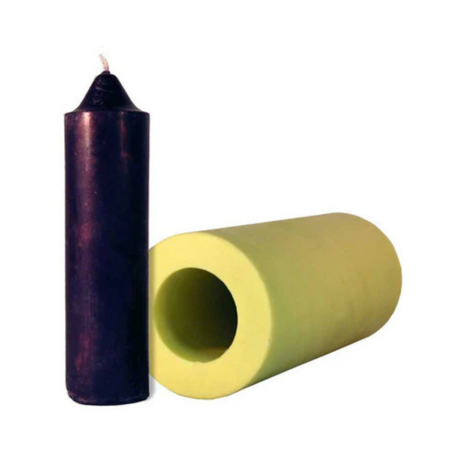 Yellow Circular emergency taper candle mold with a circular hole and purple cylindrical candle with a pointed top on a white background