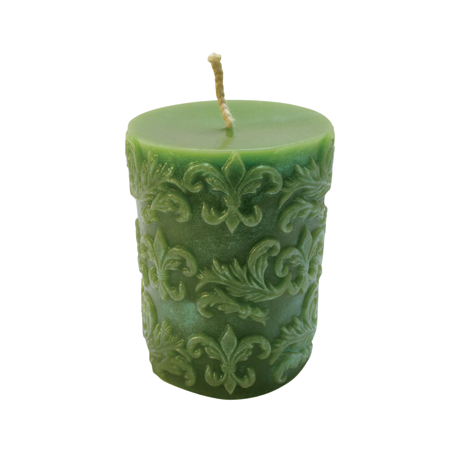 A green candle with an interior that displays an indicate design on a white background