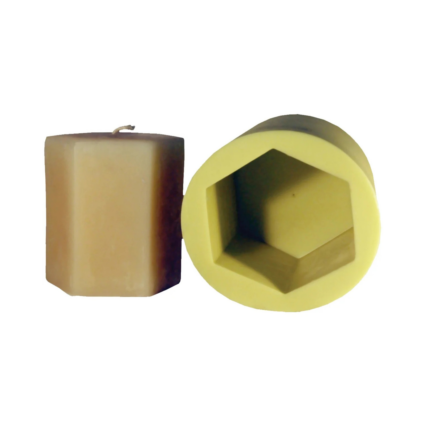 Hexagonal candle mold with a completed candle on a white background