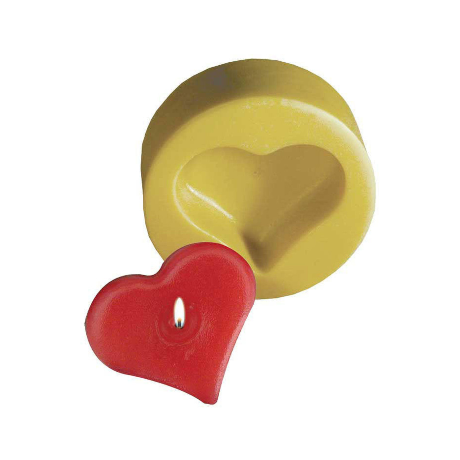 Yellow heart-shaped candle mold and red heart-shaped candle on a white background