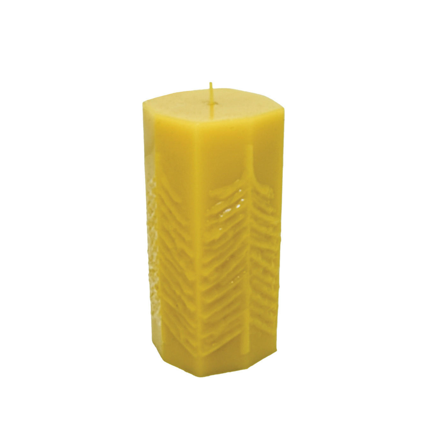 Hexagonal yellow candle with a textured tree pattern on a white background