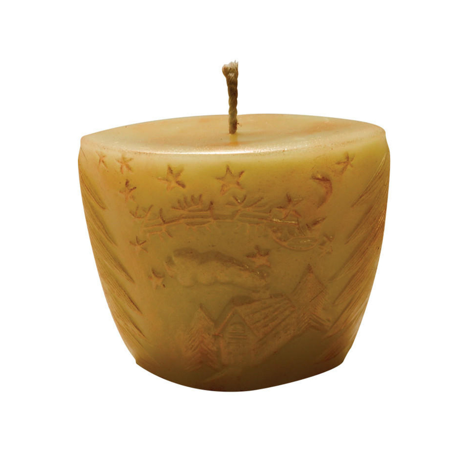 A yellow candle with its interior displaying a scene from the poem