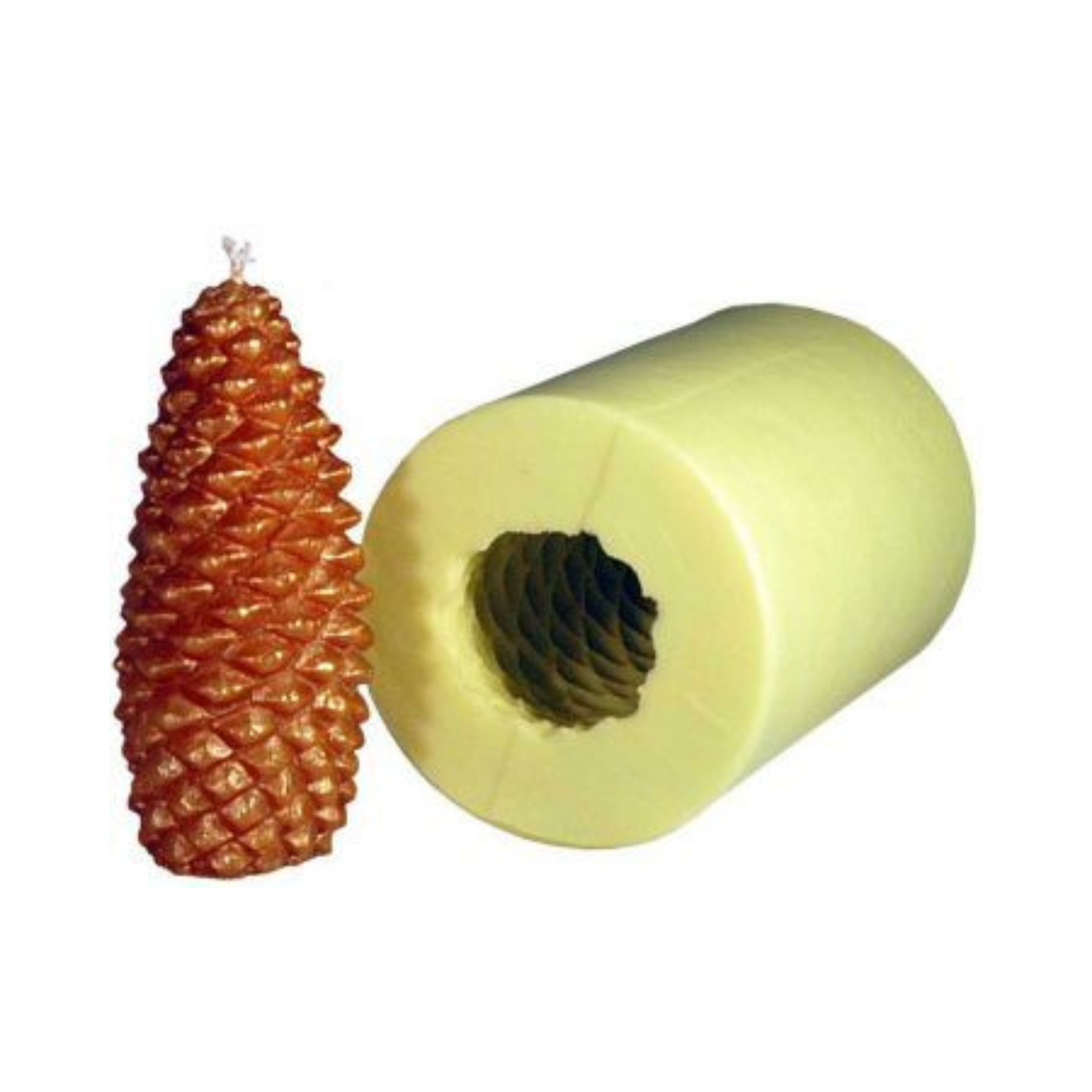 A yellow silicone mold next to its corresponded pine cone candle on a white background