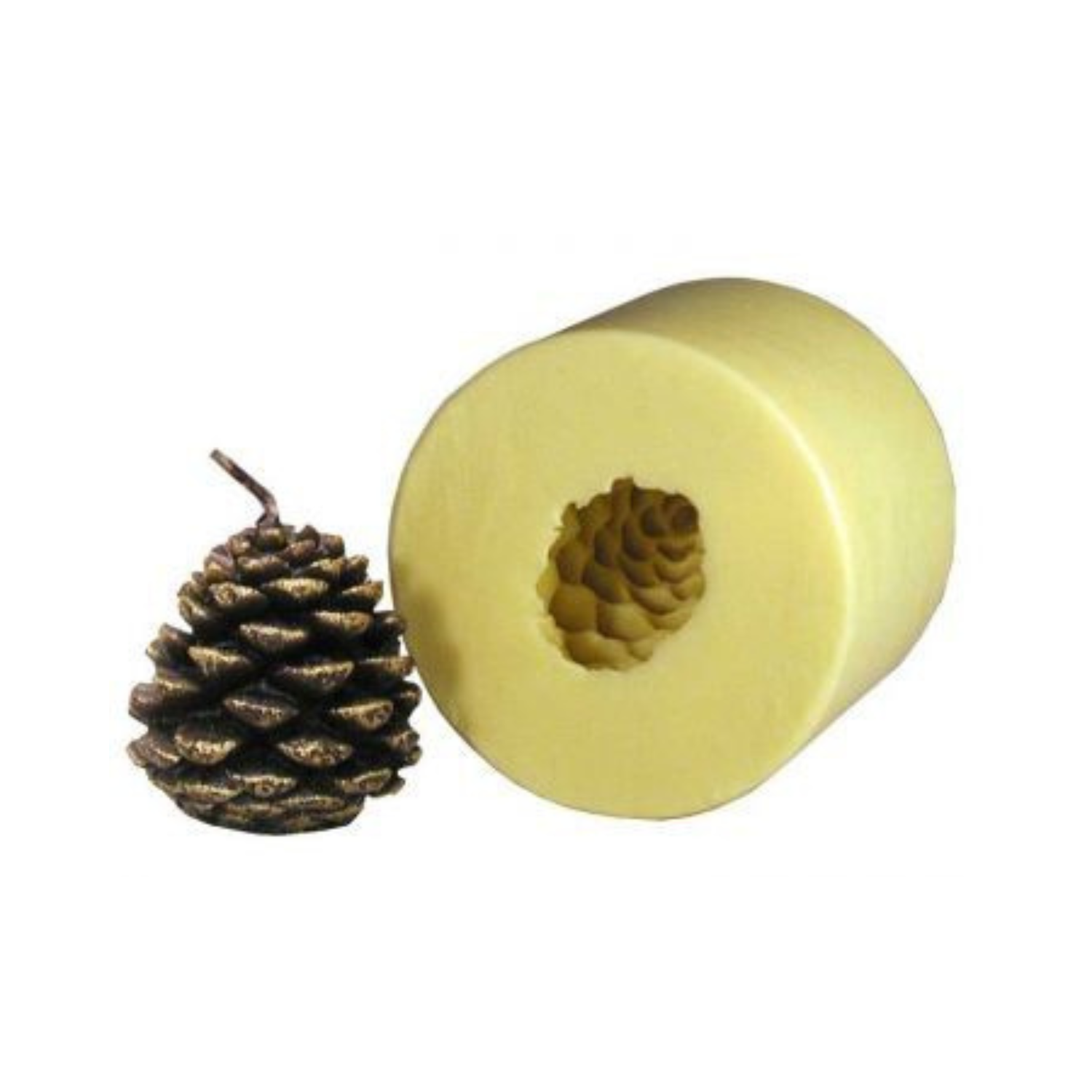 A yellow candle mold next to its produced pinecone-shaped candle on a white background