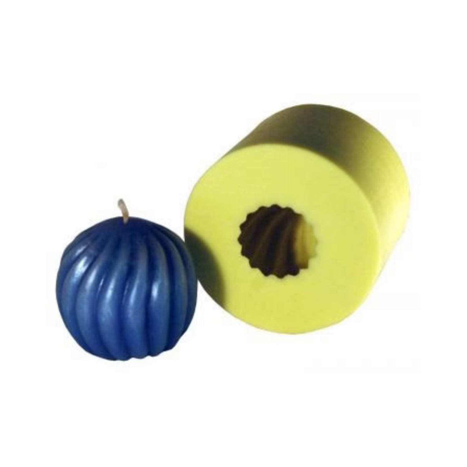 Blue ball shaped candle with vertical grooves beside a yellow candle mold on a white background