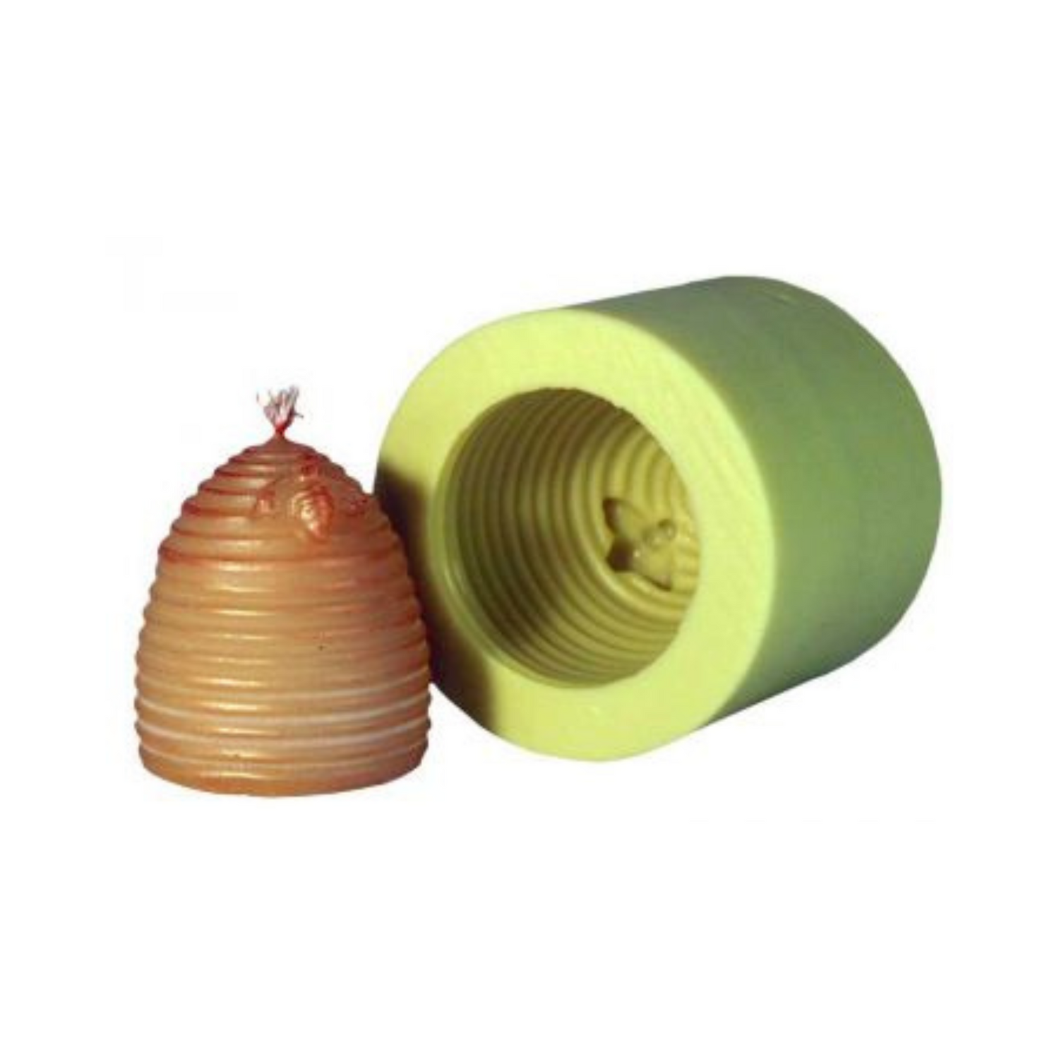 A beige, beehive-shaped candle next to a yellow candle mold on a white background