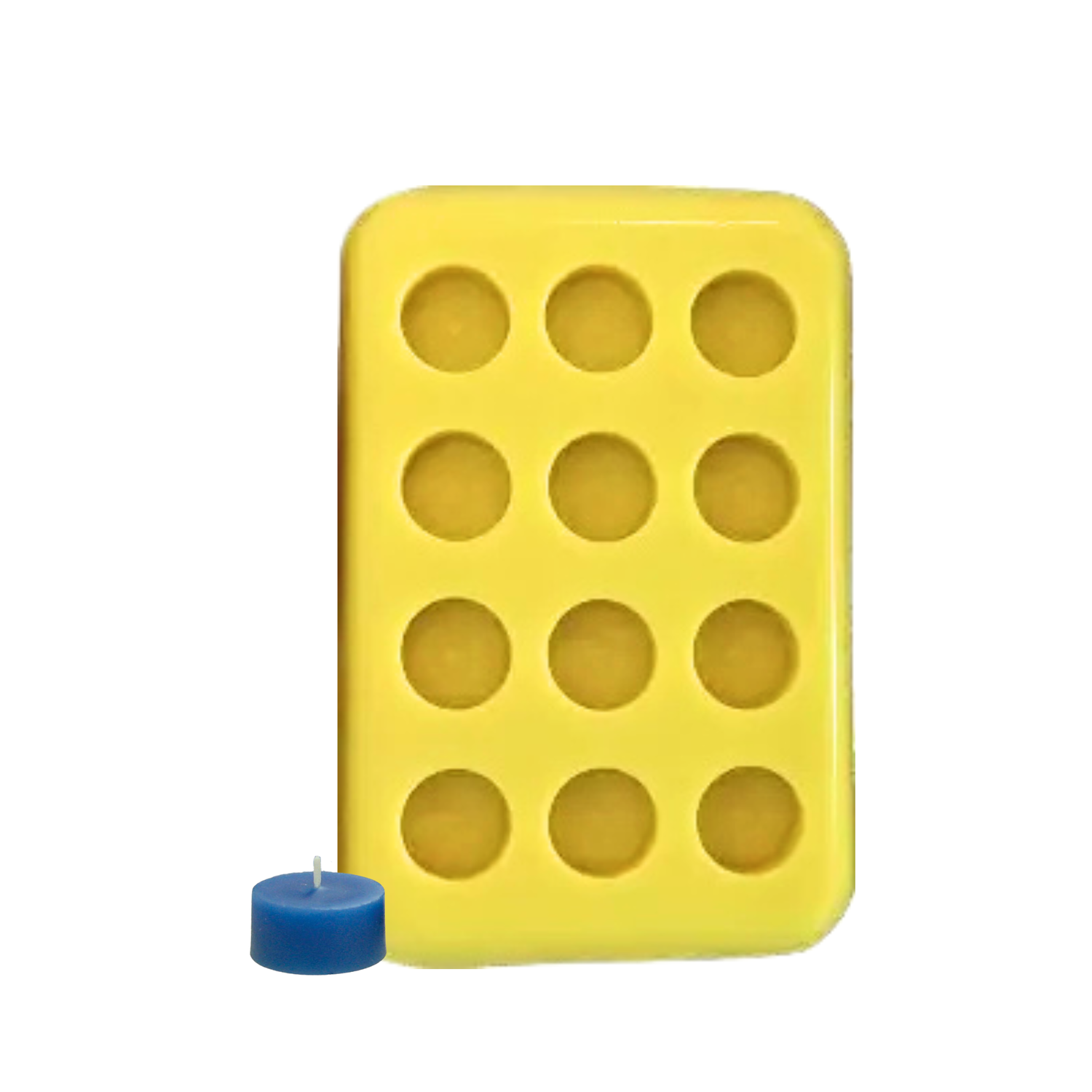 A yellow silicone mold next to its corresponding tealight candle on a white background