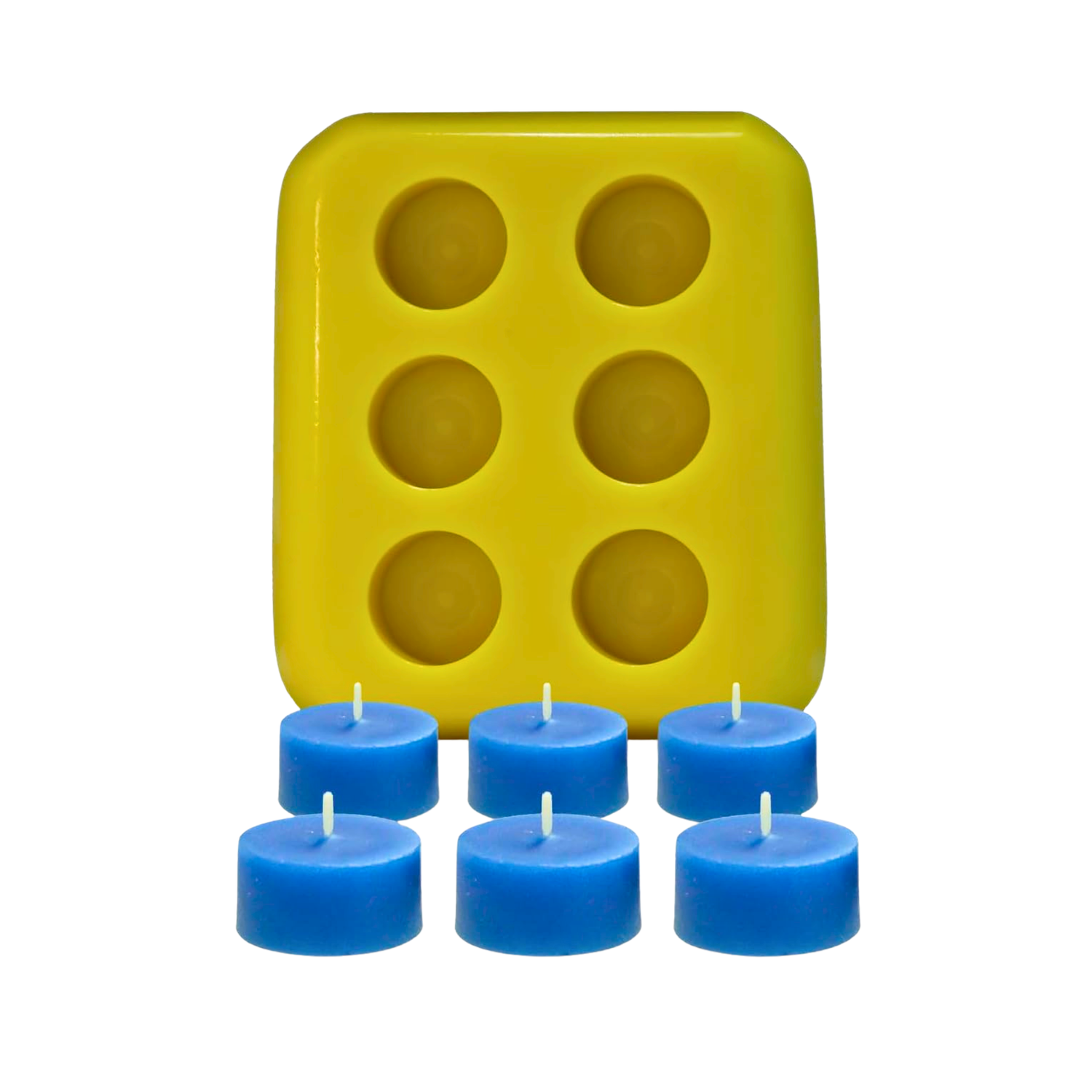 A yellow candle mold with its six corresponding tealight candles on a white background