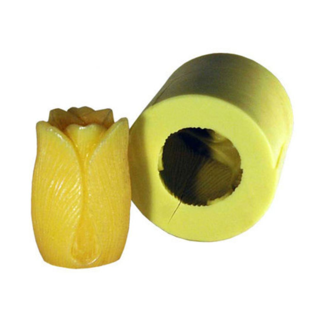 A tulip-shaped candle mold, with a corresponding candle shape shown beside it, both in a yellowish color on a white background