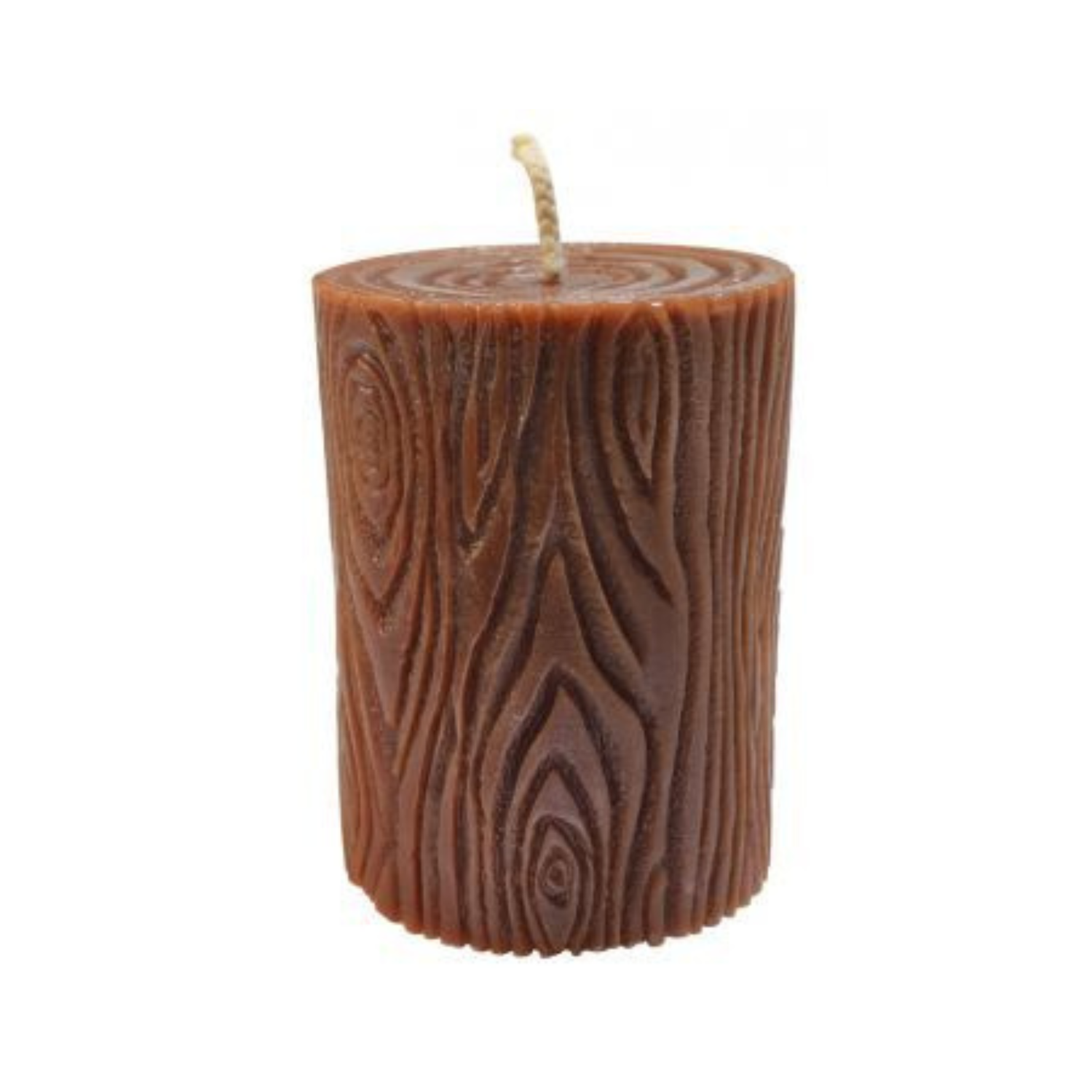 A cylinder candle with a wood grain design on its exterior on a white background