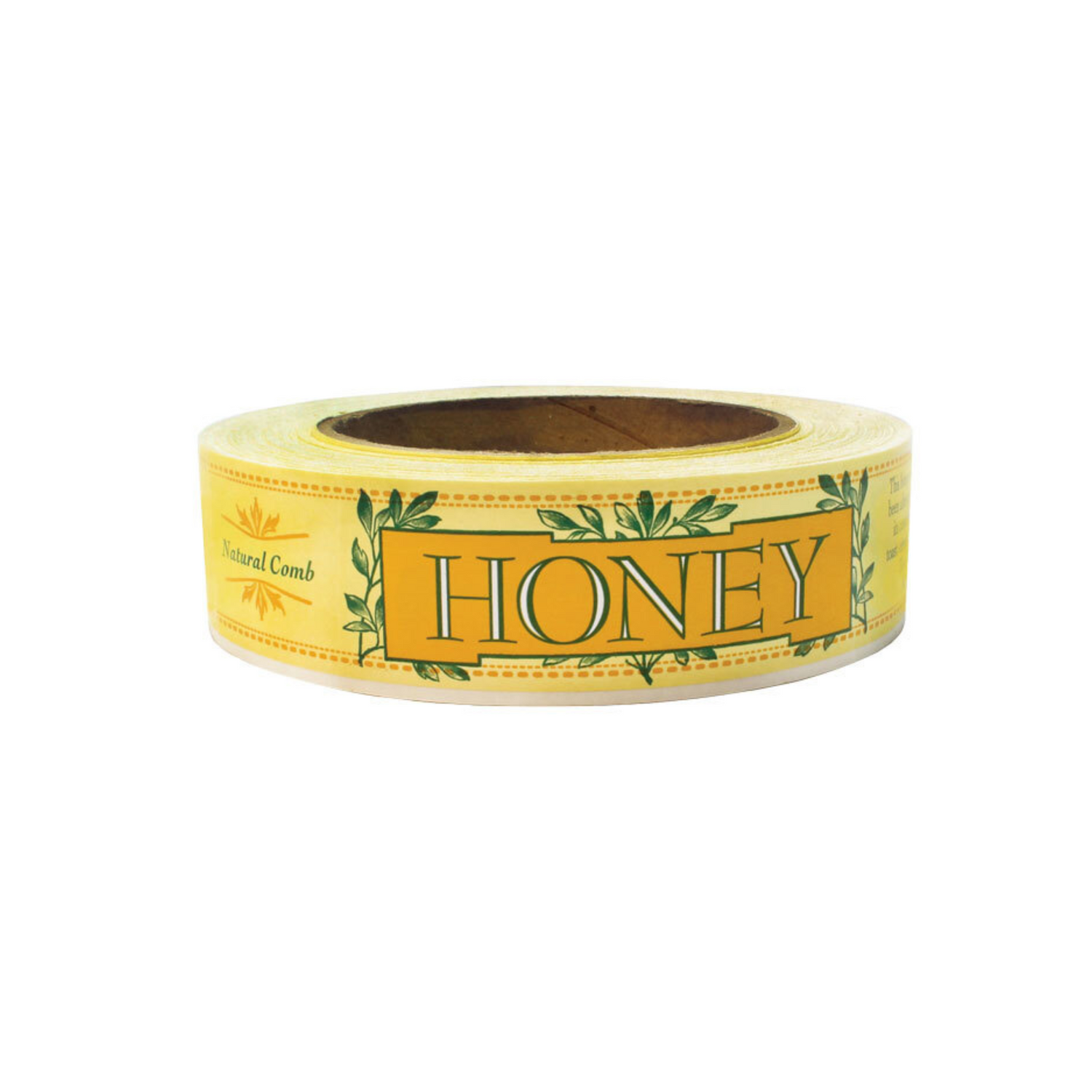 Roll of yellow adhesive labels with the word “HONEY” in large green letters framed by green leaves, designed for natural comb honey packaging.