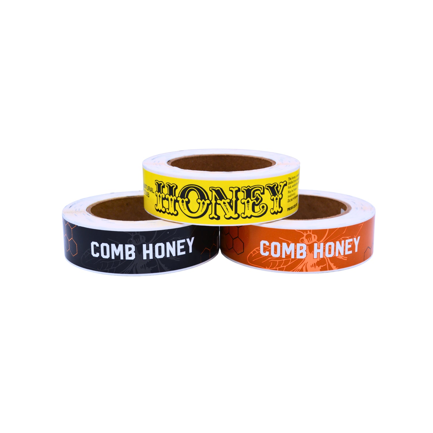 Three rolls of ross round labels stacked in a pyramid on a white background