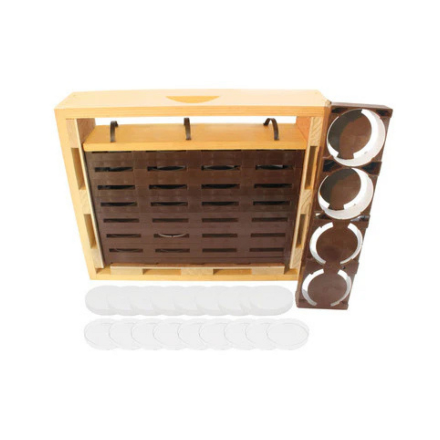 A Ross Round Assembled Super with eight frames and rights on a white background