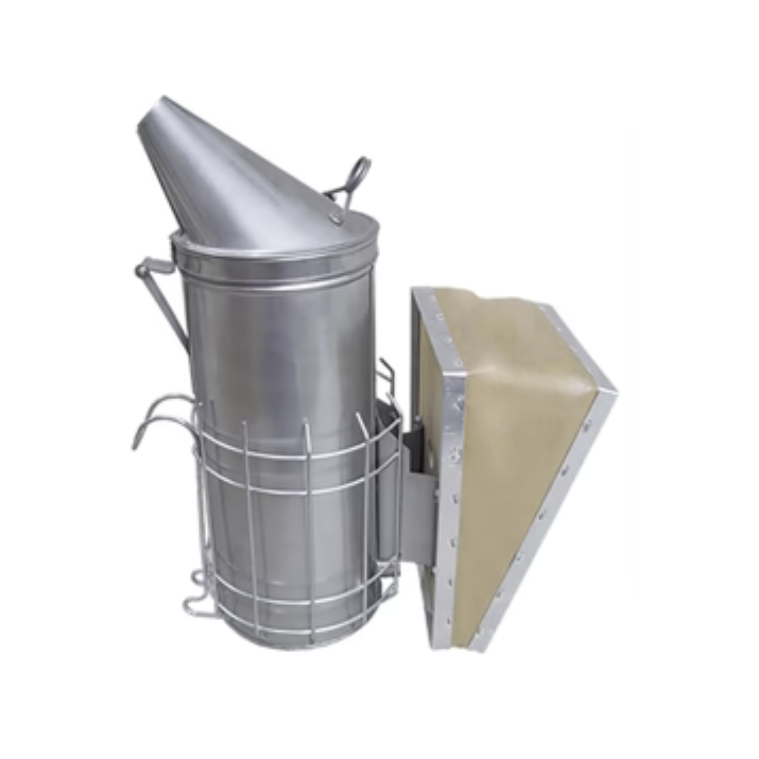 A stainless steel 10 inch Dadant smoker with a full-size vinyl bellows and a heat shield on a white background.