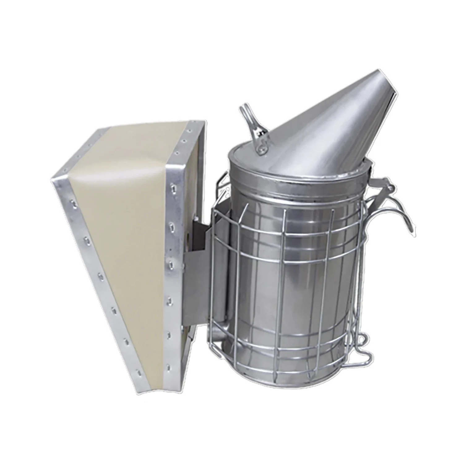 A stainless steel 7 inch Dadant smoker with a full-size vinyl bellows and a heat shield on a white background.