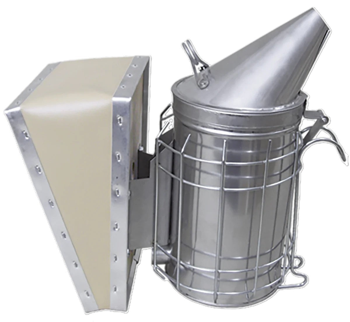 A stainless steel 7 inch Dadant smoker with a full-size vinyl bellows and a heat shield on a white background.