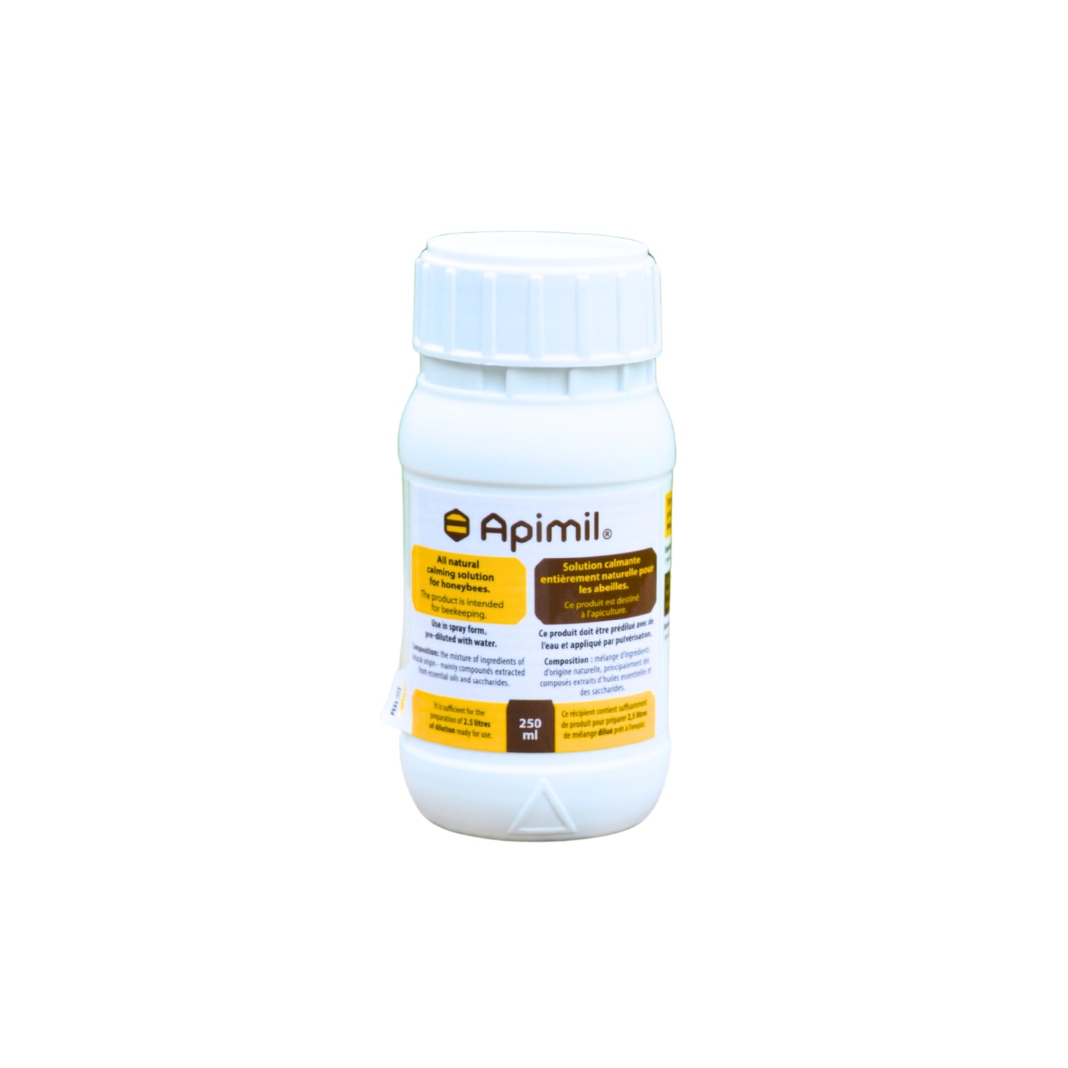 A white, 250mL bottle of Apimil Liquid Smoke, with a yellow and white label, on a white background