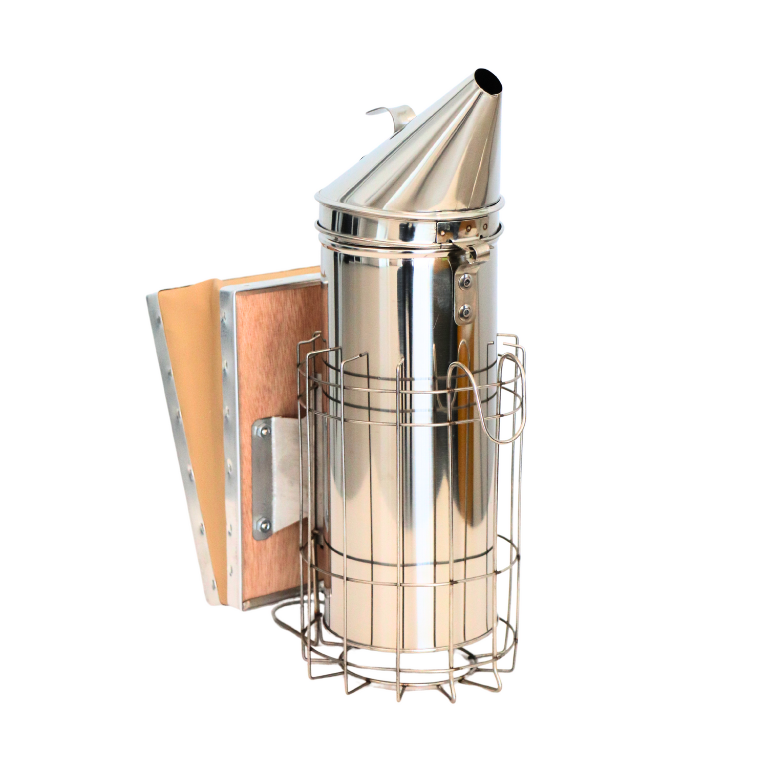 A stainless-steel Mann Lake 10-inch bee smoker with a heat shield on a white background