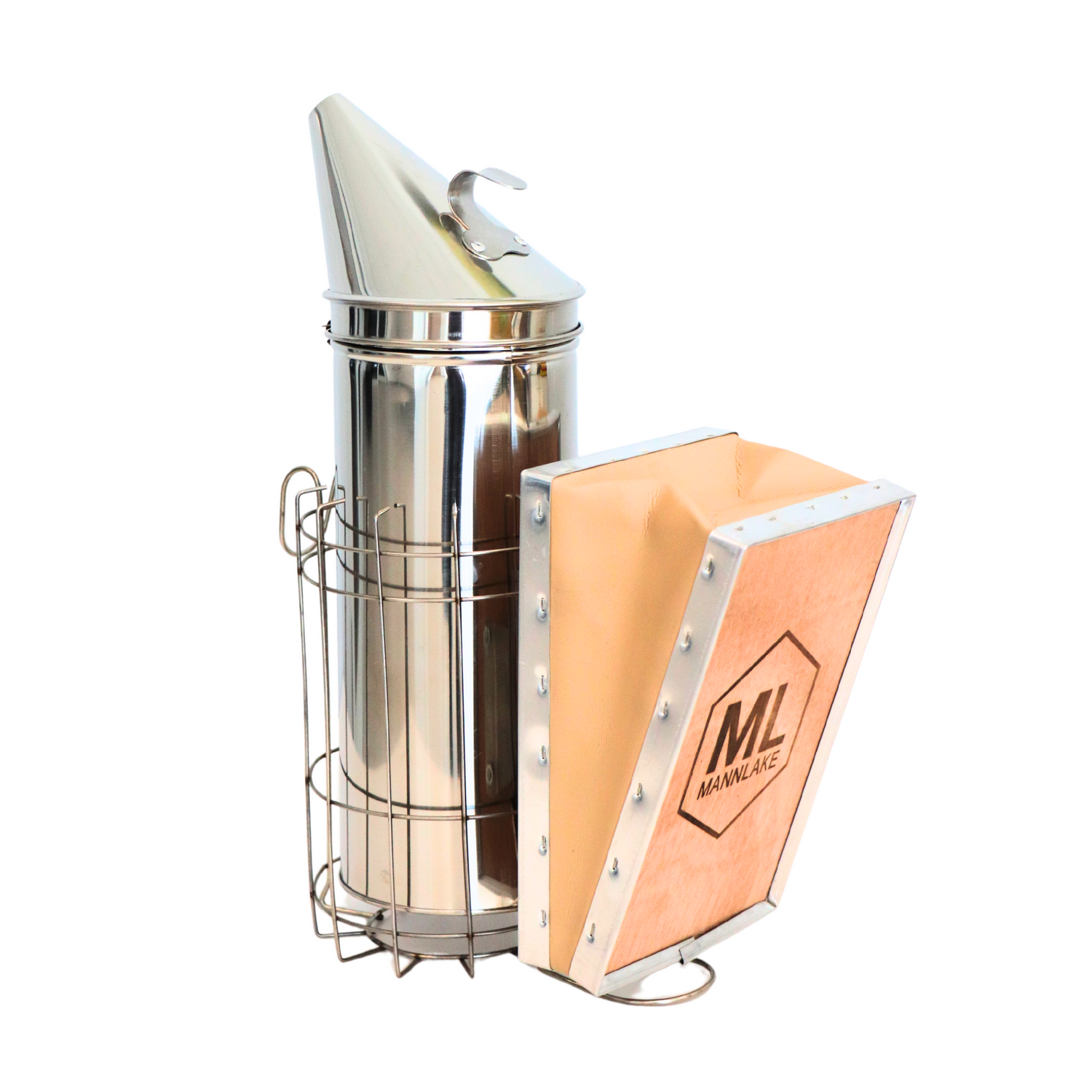 A stainless-steel Mann Lake 10-inch bee smoker with a heat shield on a white background.