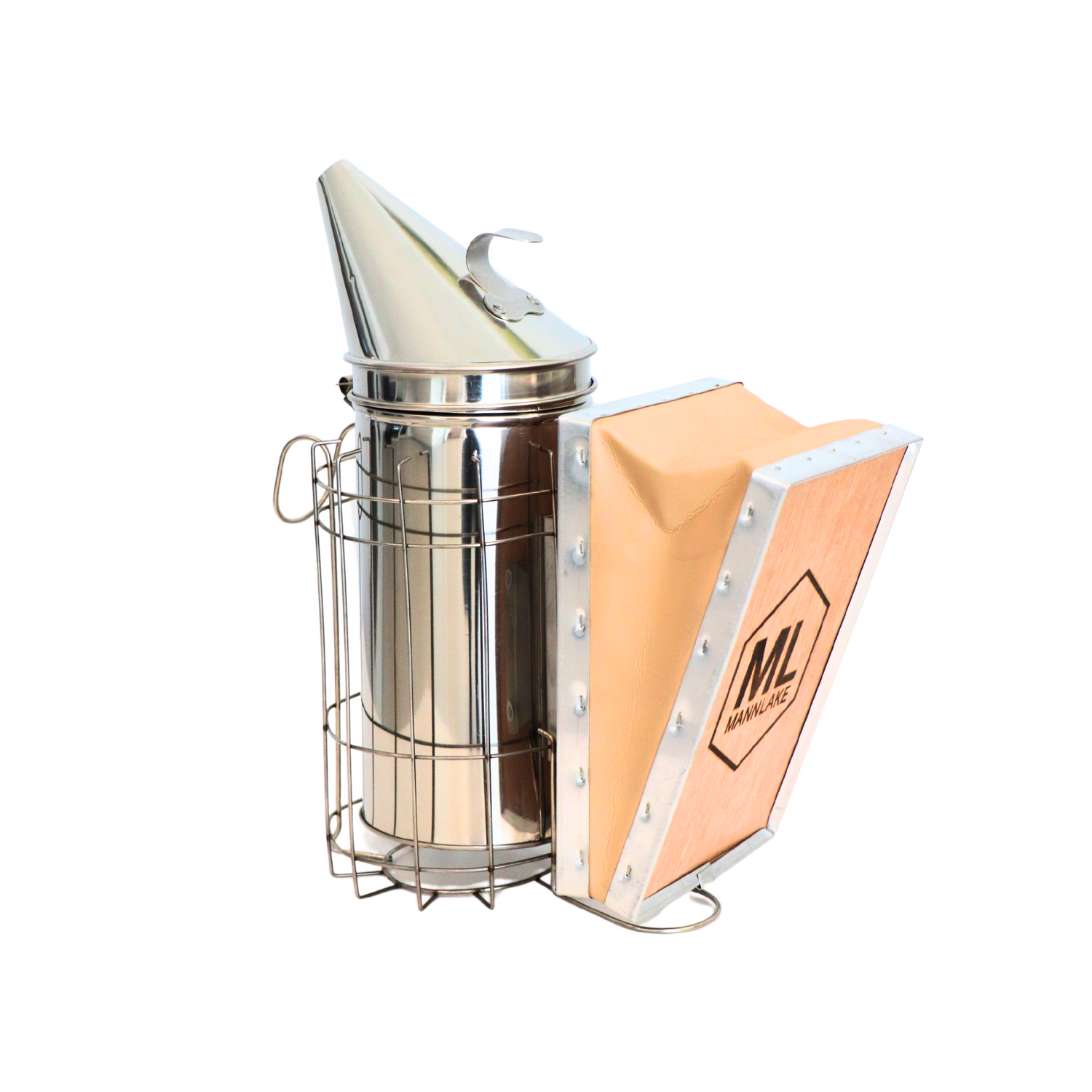 A stainless-steel Mann Lake 7-inch bee smoker with a heat shield on a white background