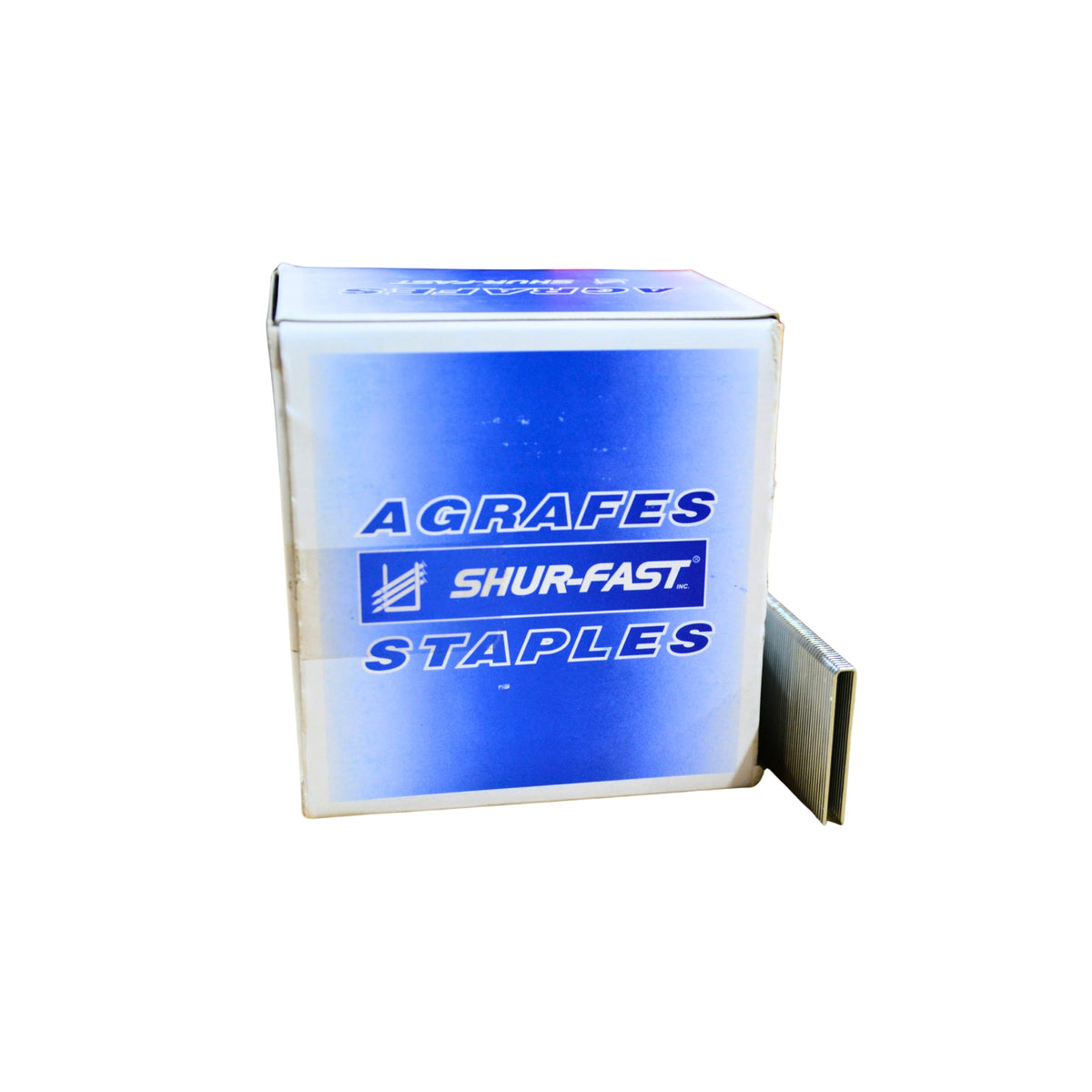 A white and blue box with branding and a row of staples sitting against the box on a white background