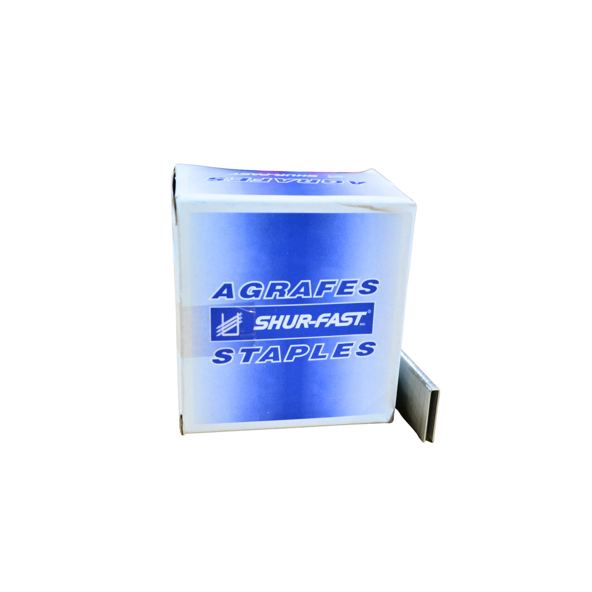 A blue and white box with branding and a row of staples sitting beside the box on a white background