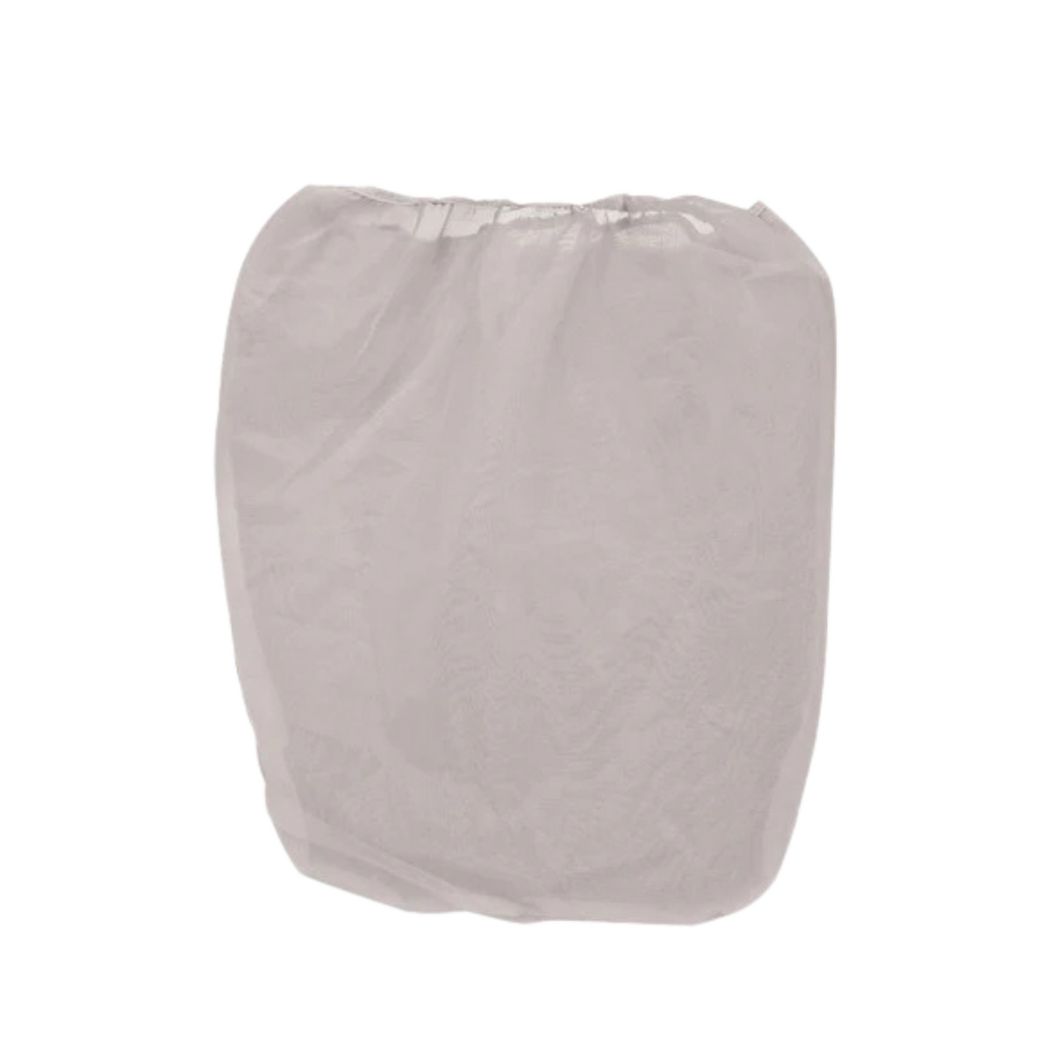 A gray 5-gallon pail filter bag, designed for honey use, on a white background