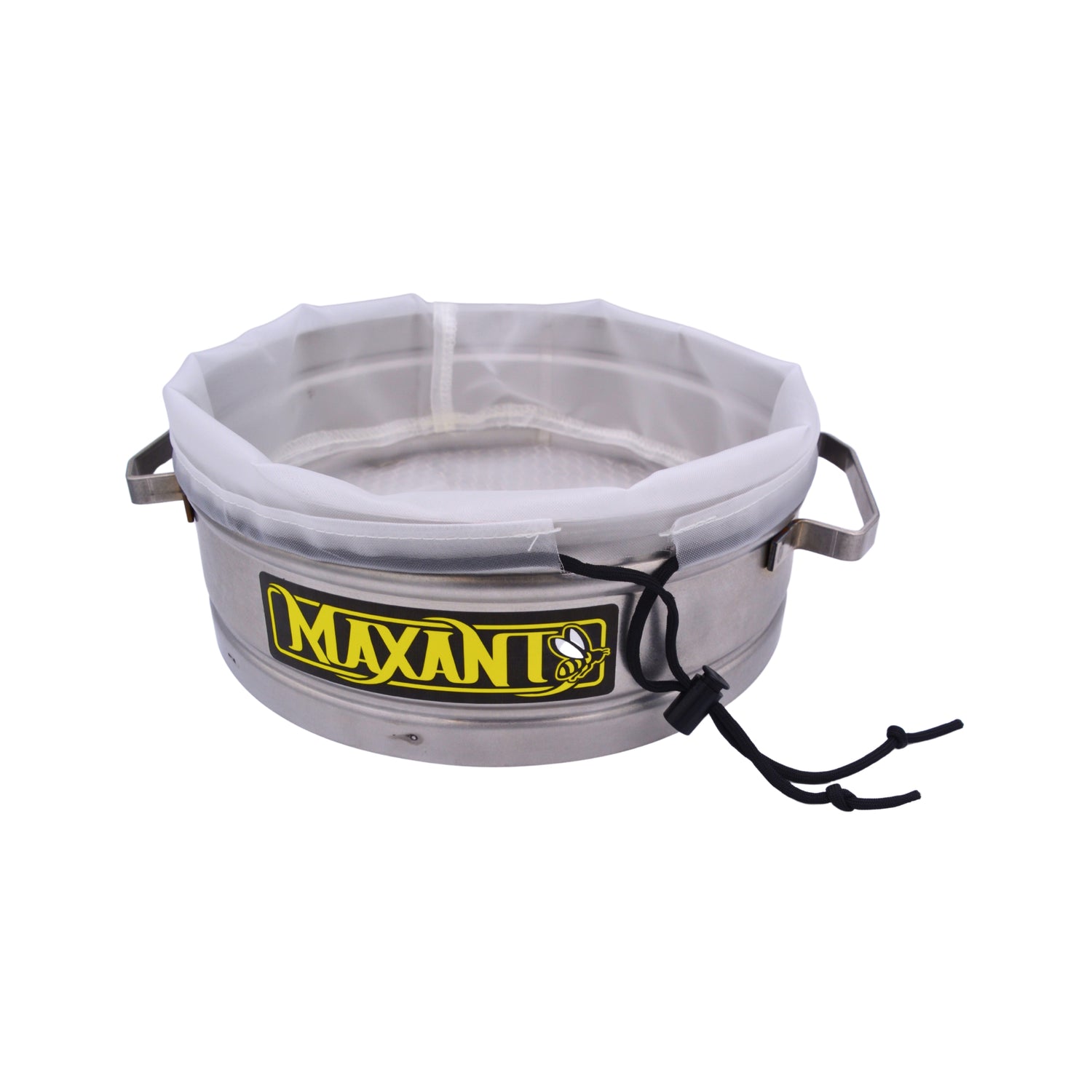 A metal pail strainer with a filter and Maxant branding on a white background