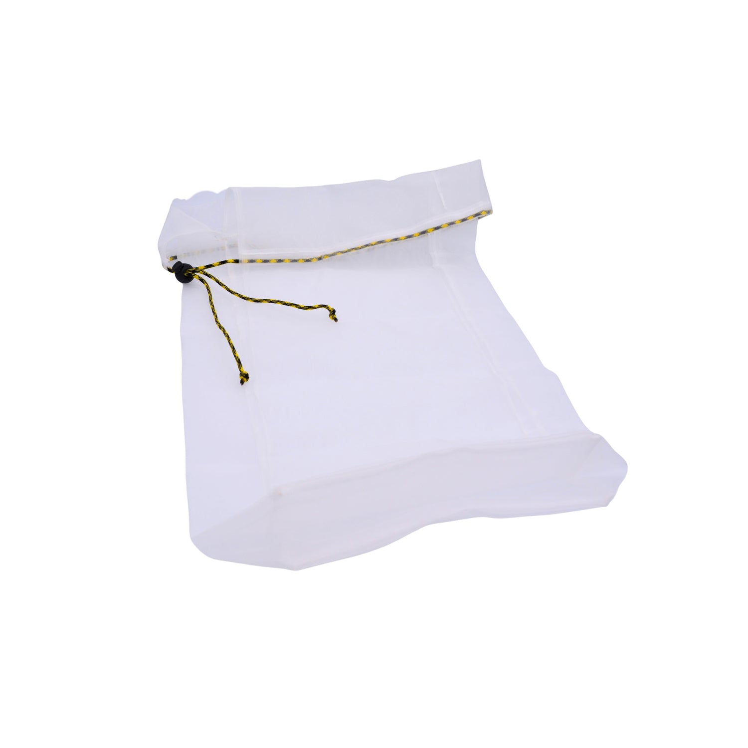 A white mesh drawstring bag with a yellow and black striped cord, shown on a plain white background.