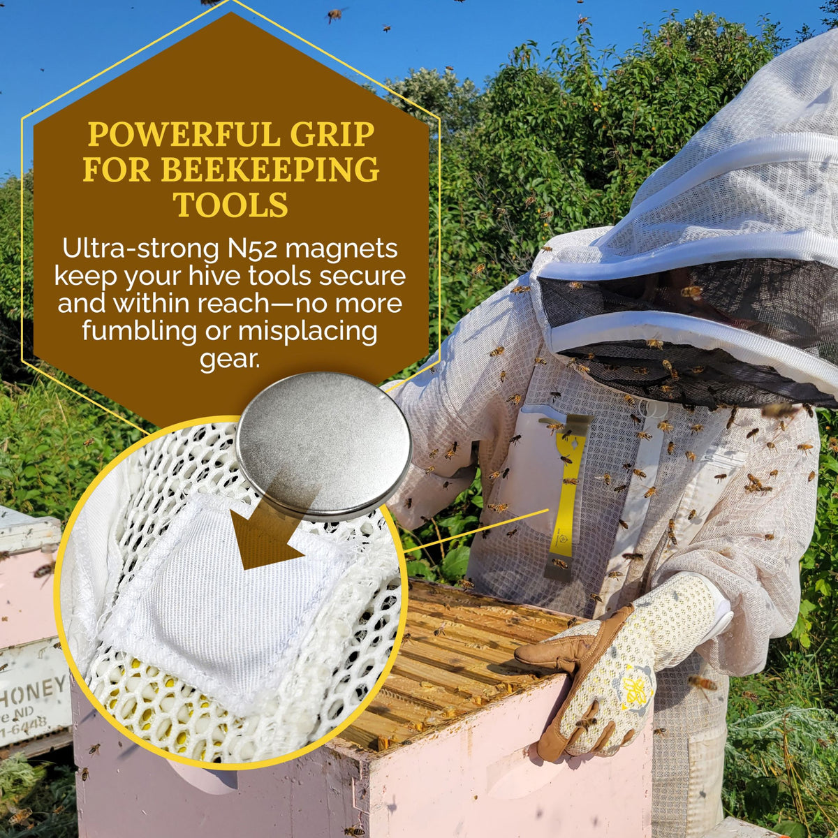 A graphic depicting information about a magnet in a beekeeping suit