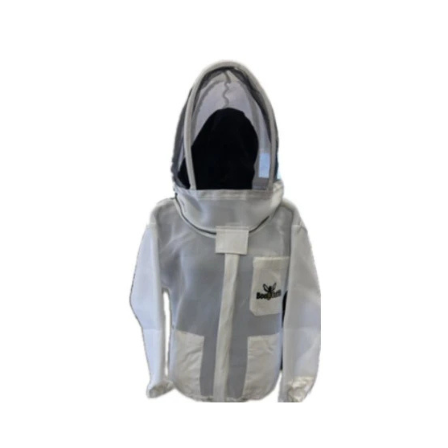 A white beekeeping jacket with a mesh hooded veil displayed on a stand or mannequin. The veil has supportive bands that keep the mesh away from the face. The jacket features elastic cuffs, a front zipper, and a chest pocket with a bee-themed logo. The background is plain and white.