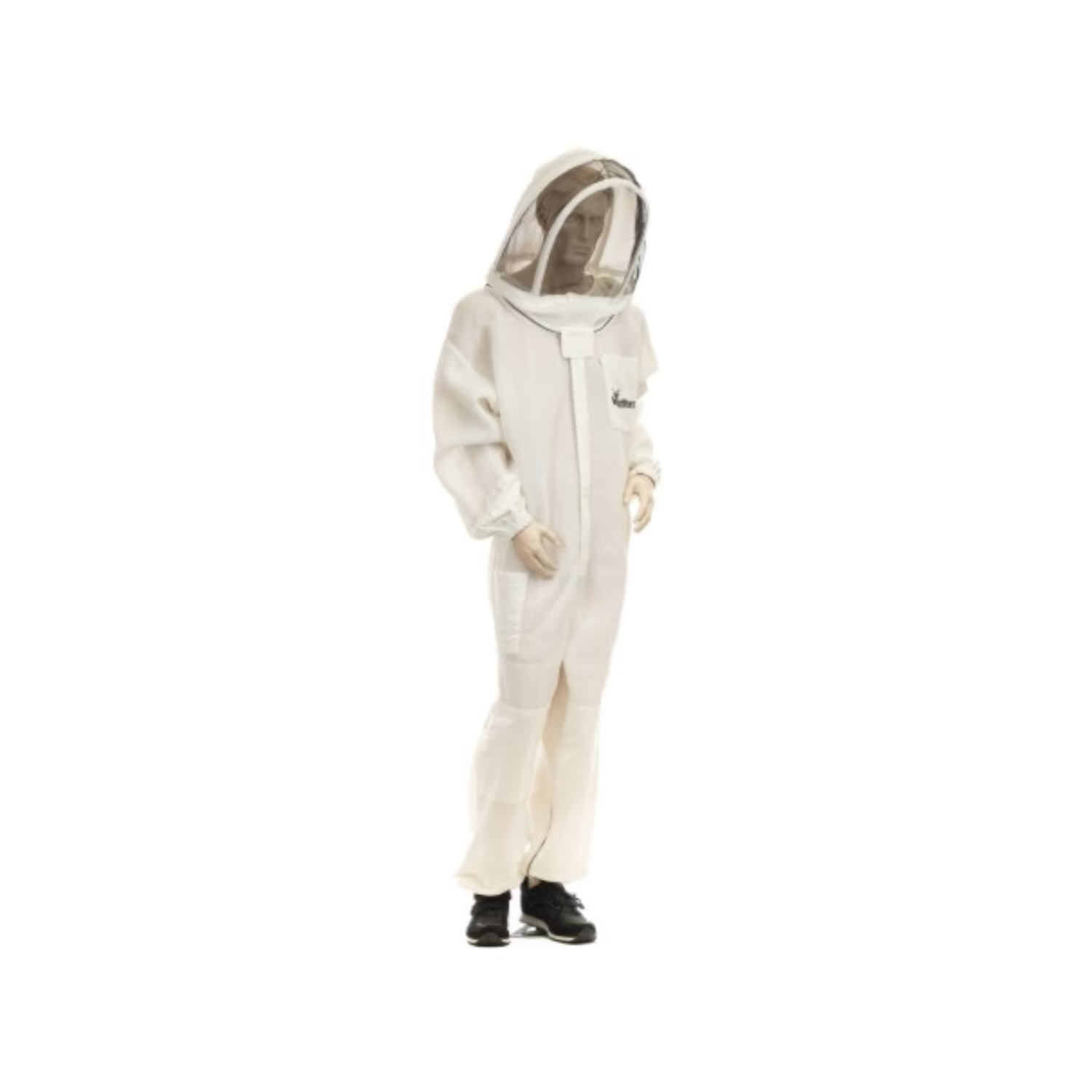 A mannequin wearing a full-length white beekeeping suit with a hooded mesh veil. The suit has long sleeves with elastic cuffs, front zipper closure, and pockets. The mesh veil is supported by white bands that hold it away from the face. The mannequin is shown standing against a white background wearing dark shoes.