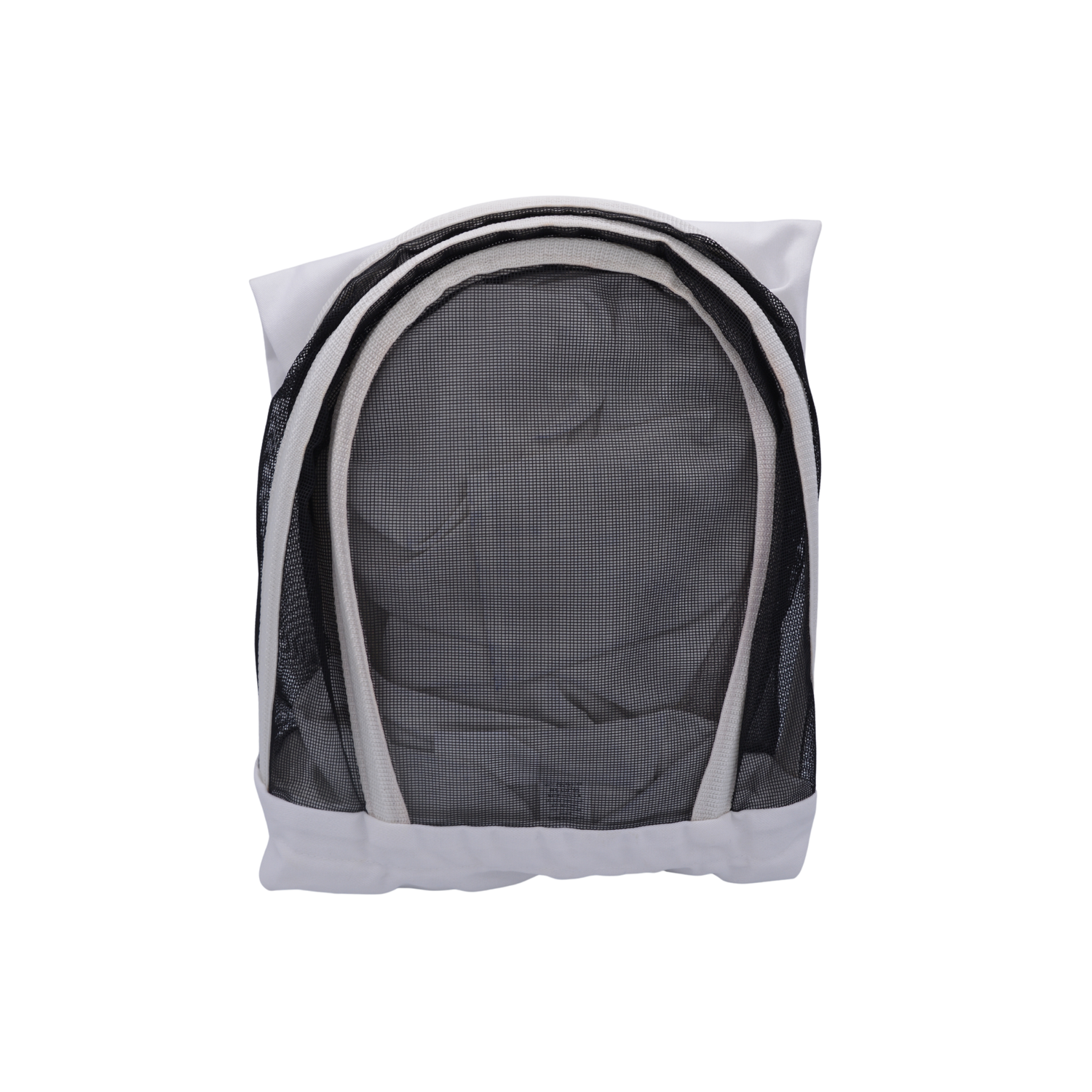 A folded white beekeeping suit with an attached veil on a white background