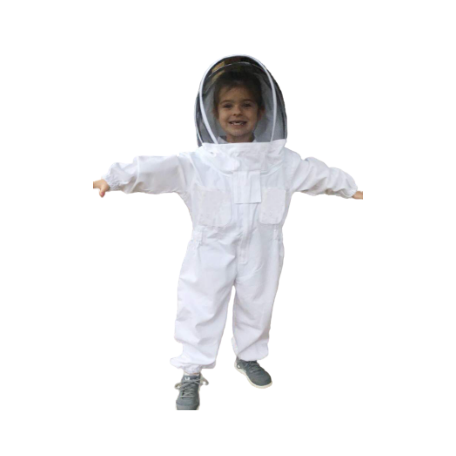 A young child wearing a white beekeeping suit with a hooded mesh veil. The suit appears slightly oversized and covers the child from neck to ankles. The child is standing with arms outstretched, smiling, on a white background