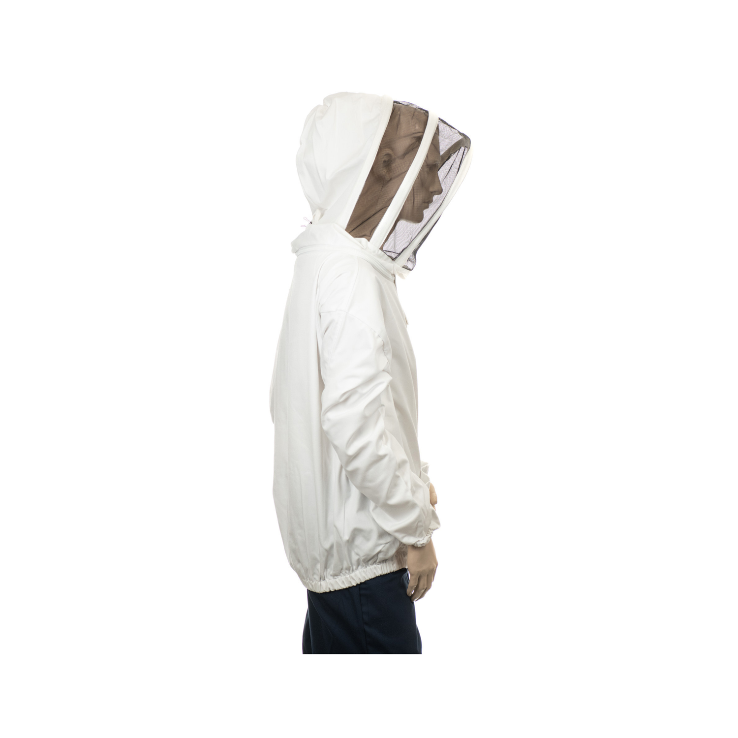 A mannequin wearing a white hooded jacket with an attached veil designed for beekeeping on a white background