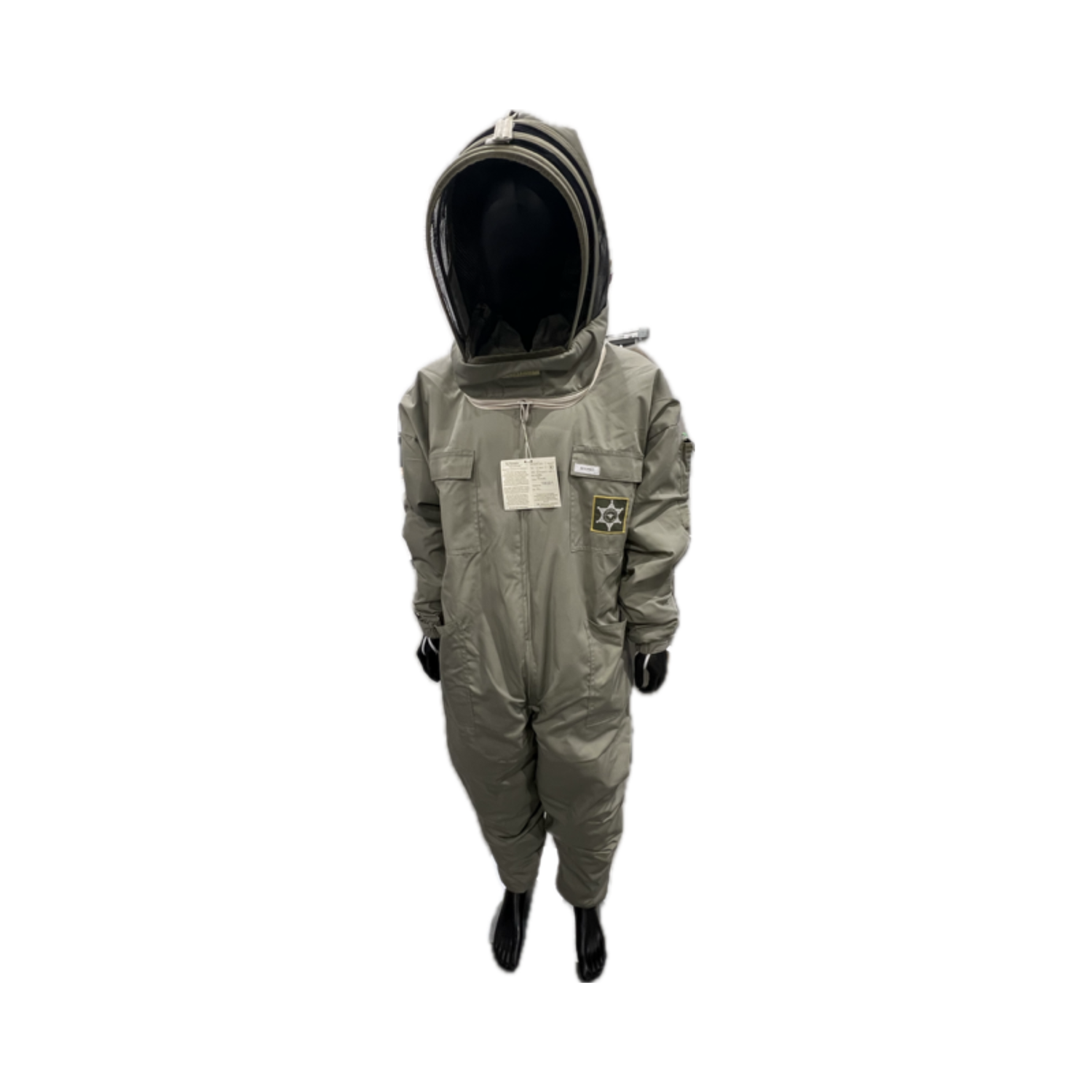 Khaki-coloured protective beekeeping suit with a hood on a white background