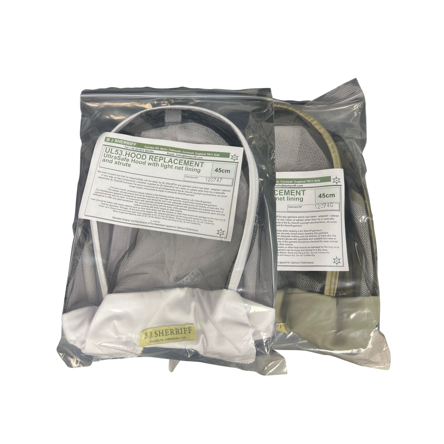 Two packages of mesh hood replacement with labels on a white background