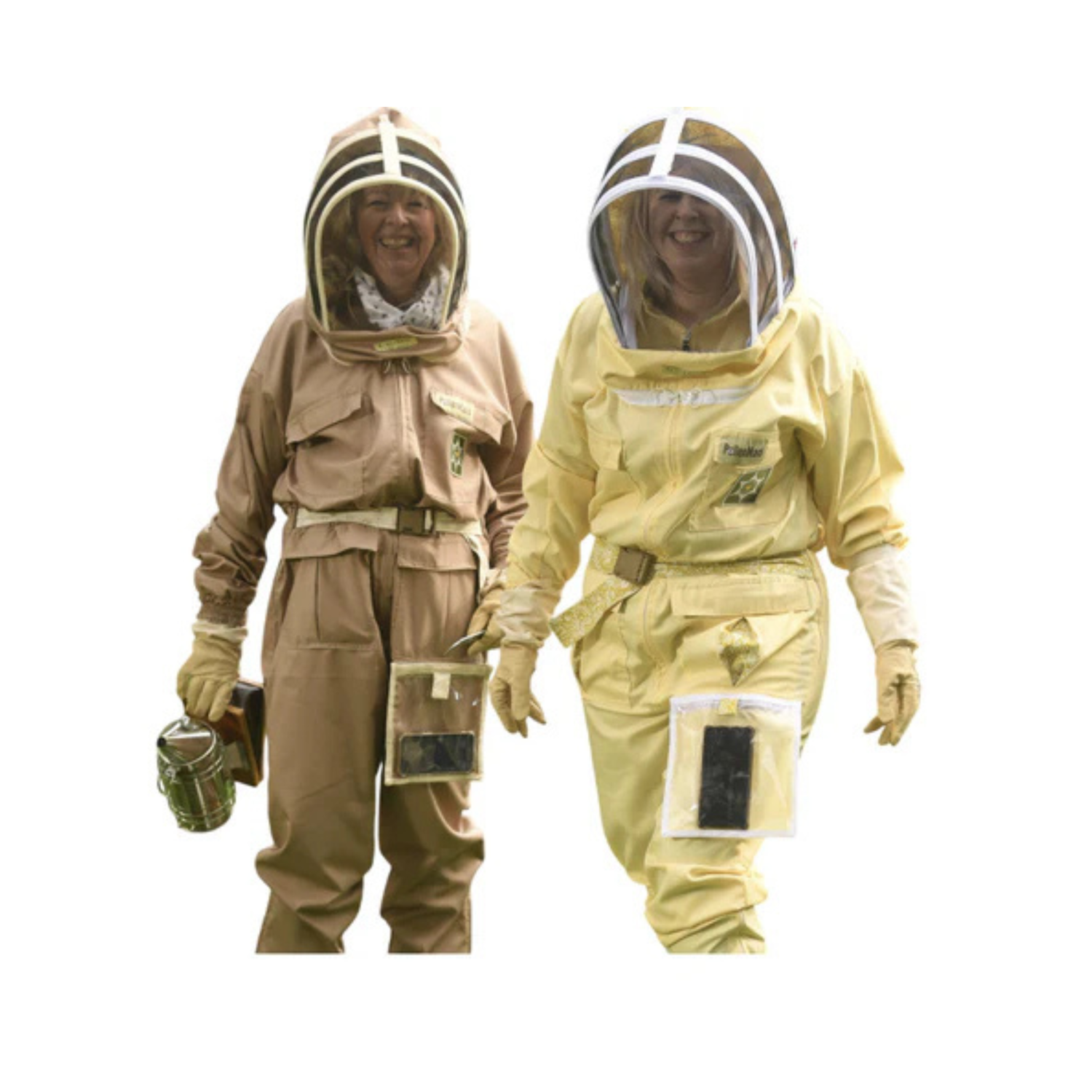 Two smiling beekeepers wearing full protective bee suits stand side by side. The person on the left is dressed in a tan suit with a round zippered veil, gloves, and a smoker in hand. The person on the right wears a light-yellow suit with a fencing-style veil and matching gloves. Both suits feature zippered pockets, reinforced seams, and clear mesh veil panels. The background has been removed, leaving the figures isolated on white.
