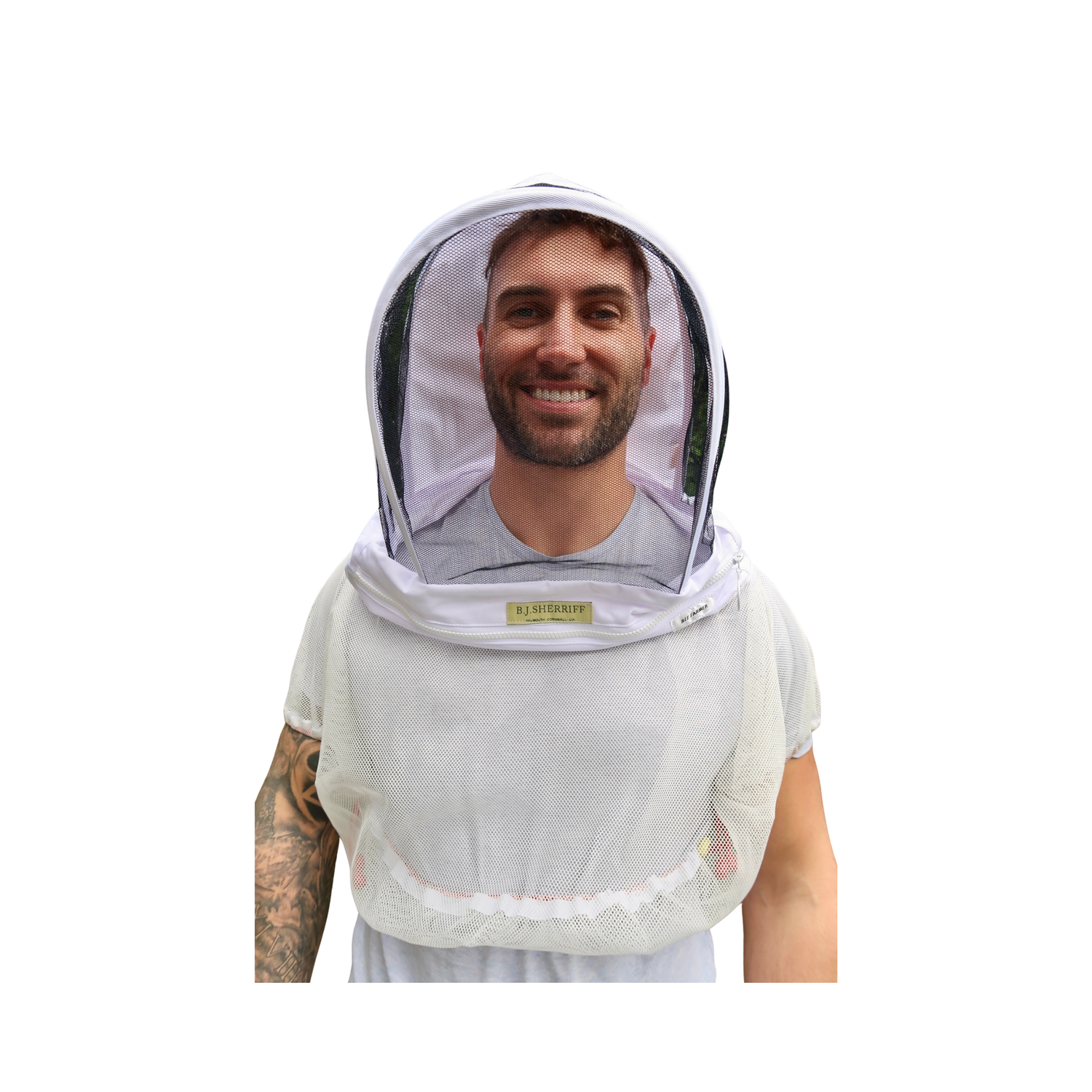 A man wearing a white beekeeping veil hood with a mesh face shield and neck cover, shown against a plain white background.