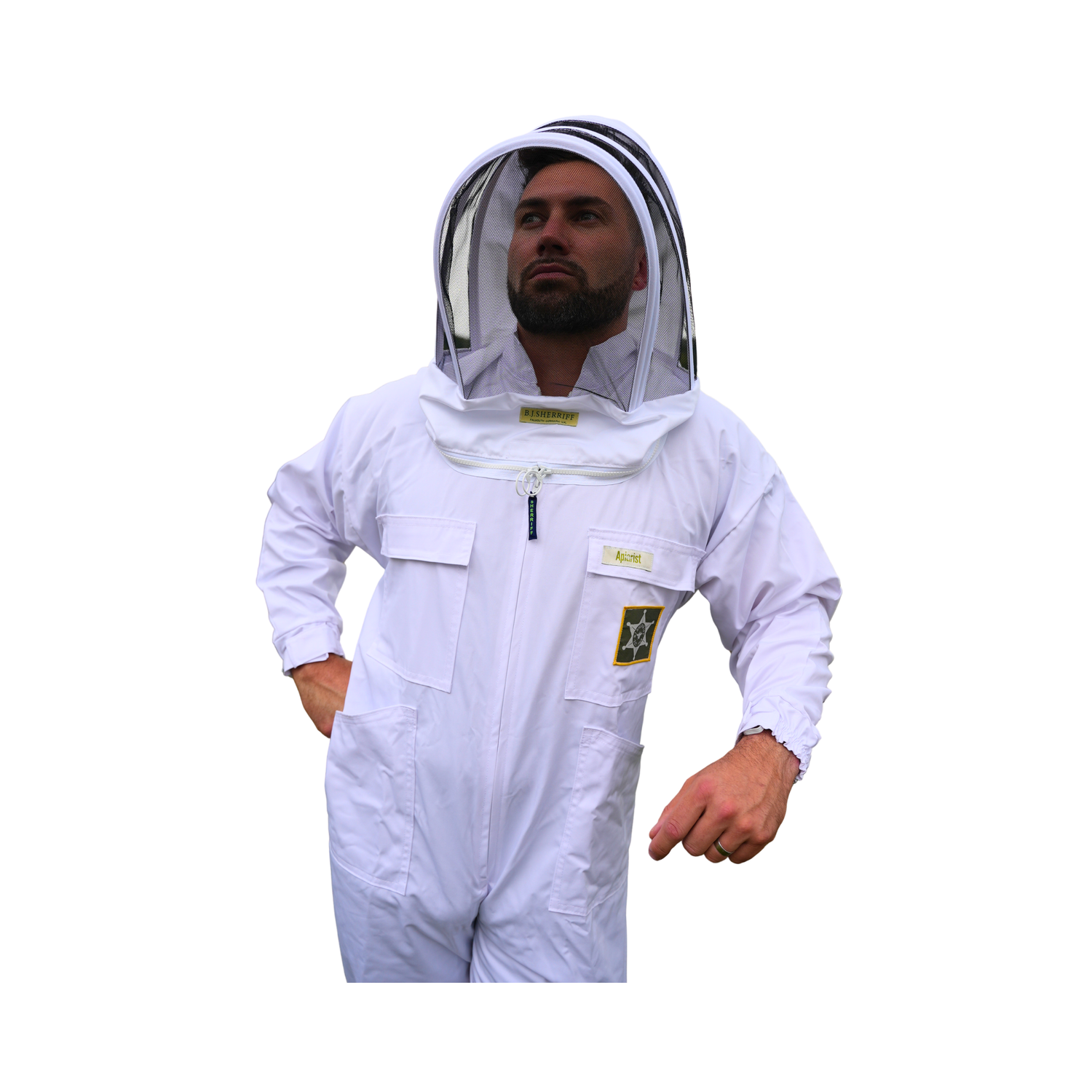 A man wearing a white beekeeping suit with a clear mesh face veil, standing against a plain white background.