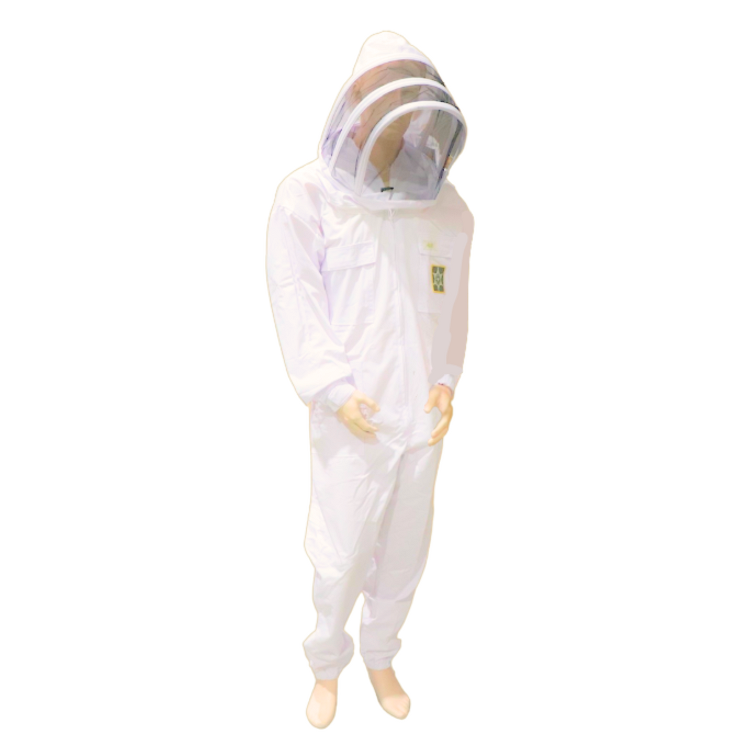 A white apiarist suit with an integrated hood and veil, featuring a clear view nylon veil, a poly-cotton hood, and coverall on a white background