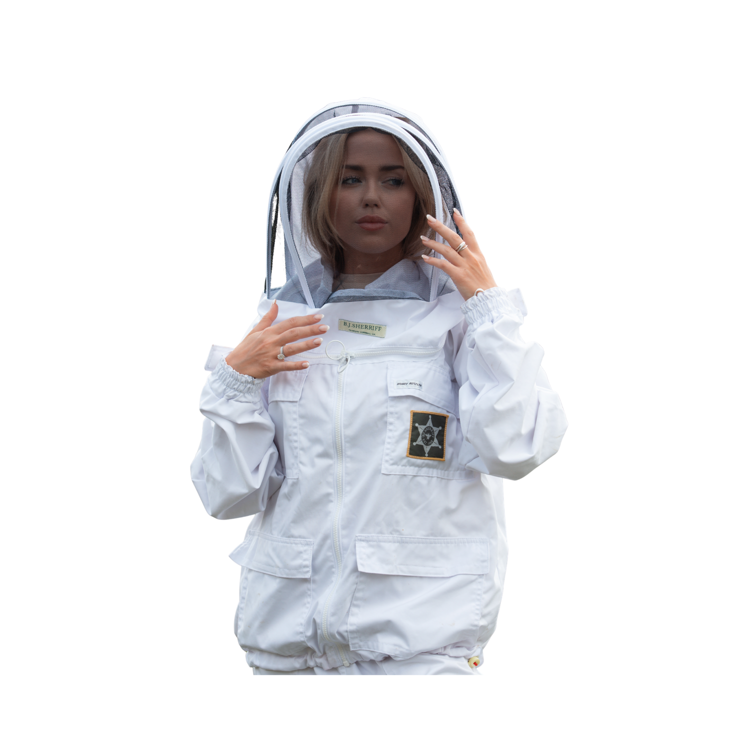 A woman wearing a white beekeeping jacket with a clear mesh face veil, shown against a plain white background. The jacket features a front zipper, multiple pockets, and a star patch on the chest.