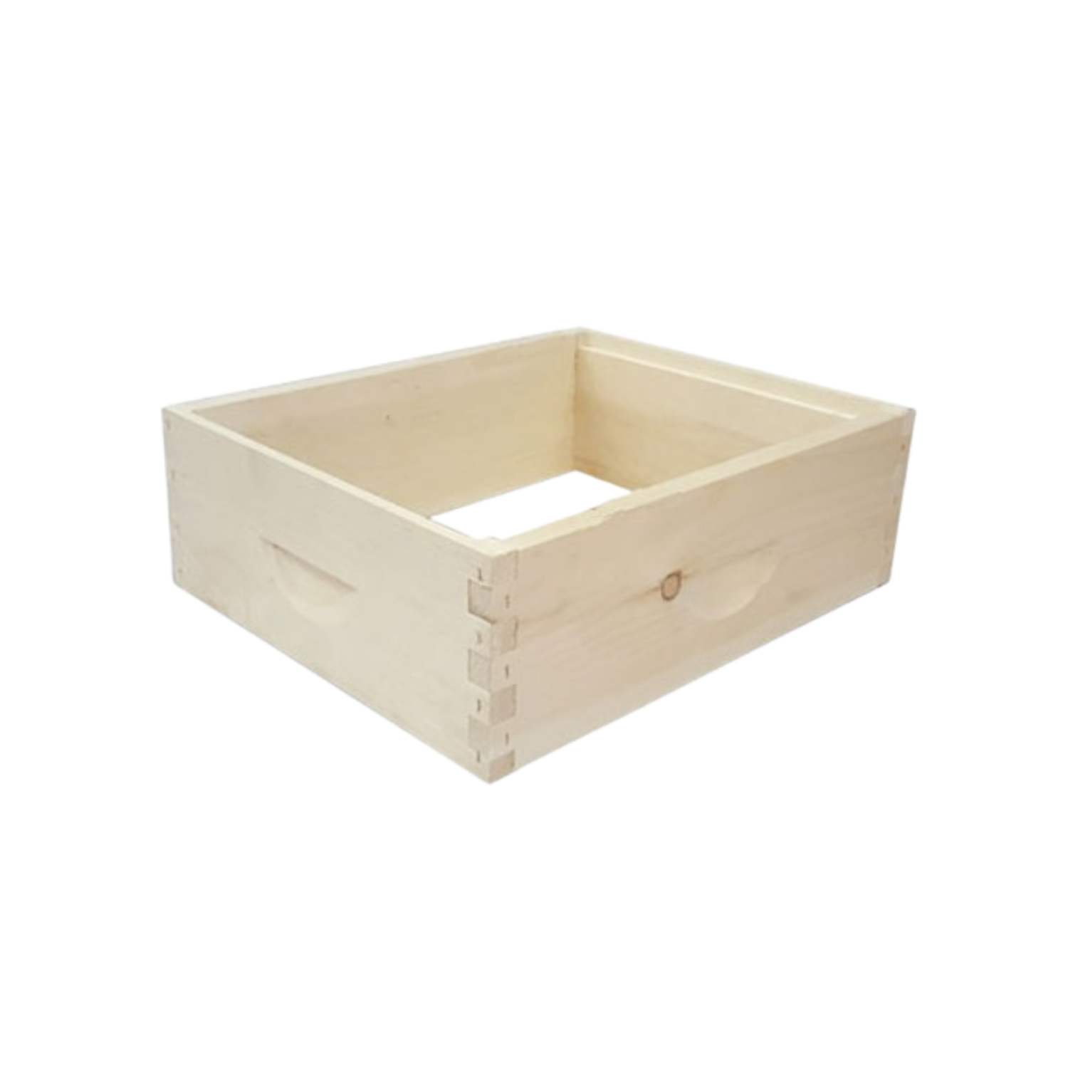 A light-colored wooden bee super box, open at the top, with finger-jointed corners and a carved handhold on the side. The box is shown at an angle against a white background