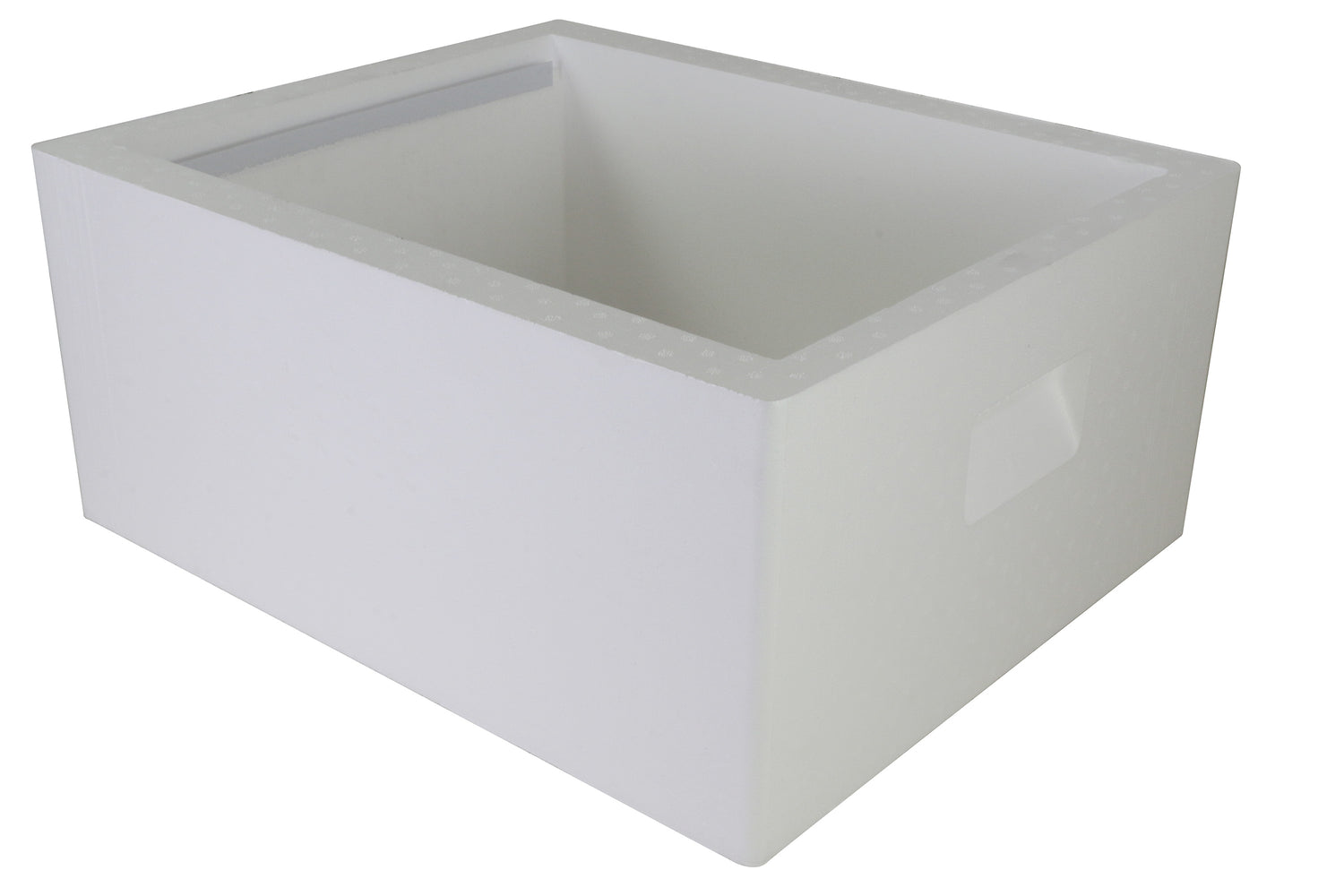 A white, solid-colored Langstroth honeybee brood box with a handle on the side.