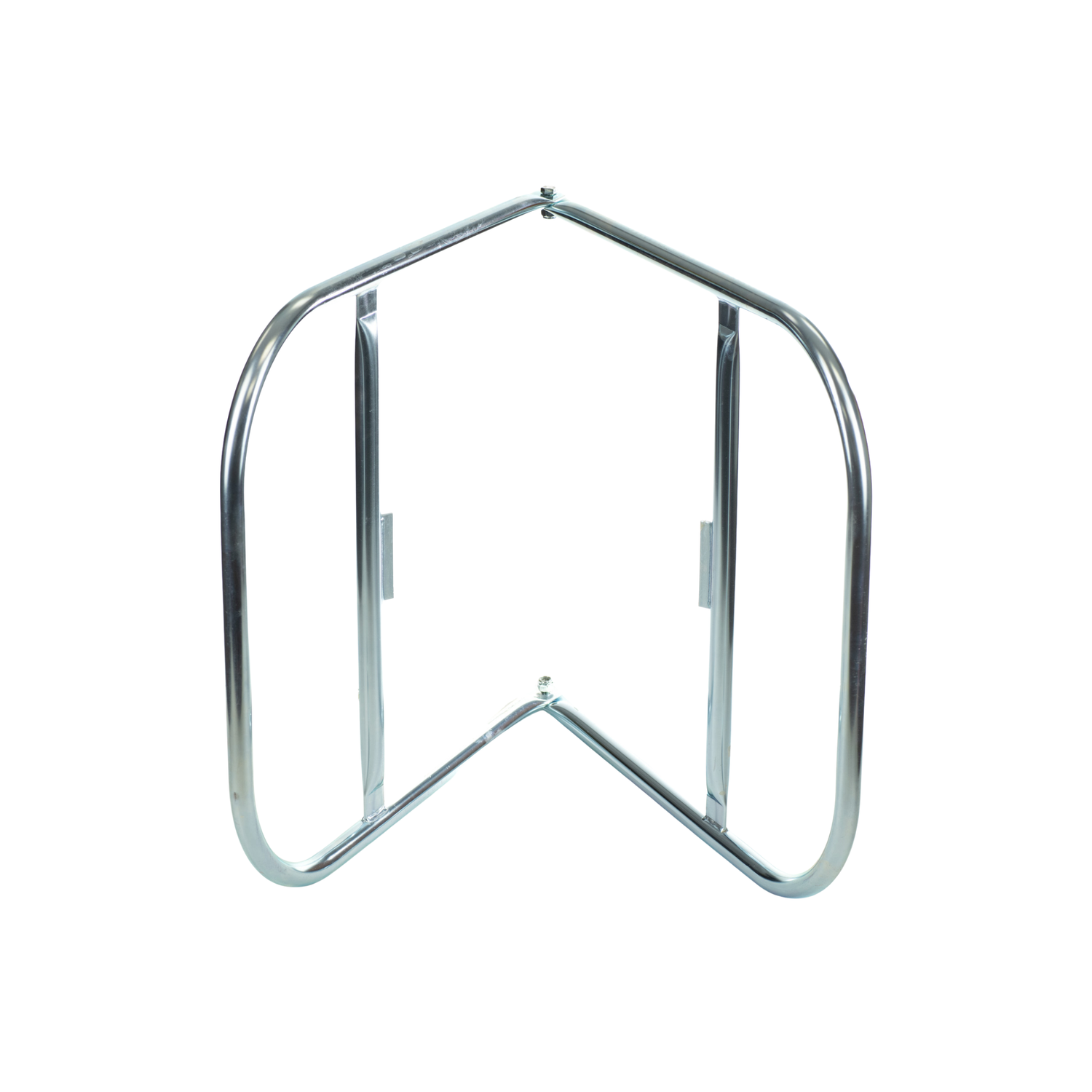 A metal frame or bracket with two curved tubular sides connected at the top and bottom, forming a V-shaped opening at the bottom. The structure appears lightweight and symmetrical, with a shiny silver finish against a white background.